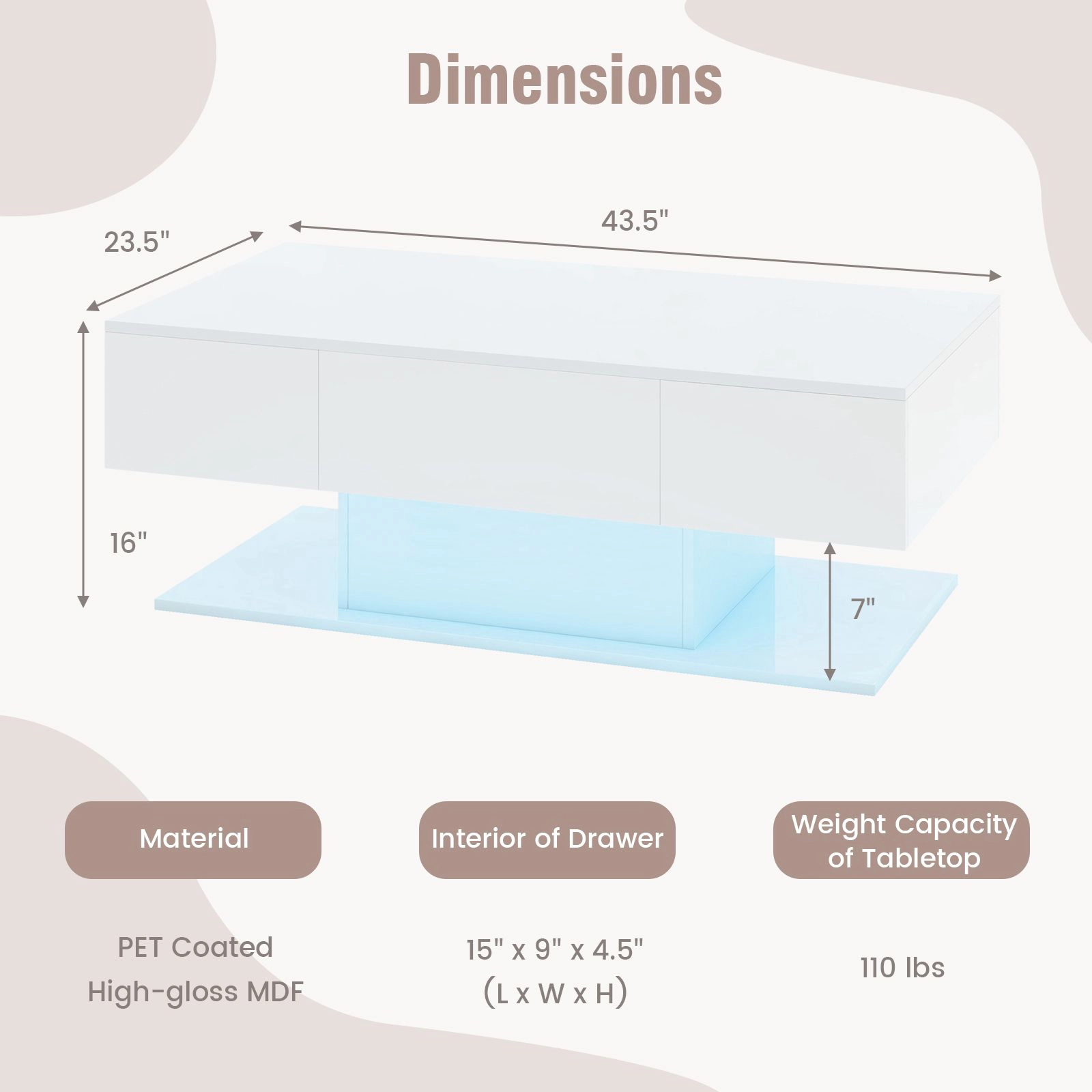 SlickBlue LED Coffee Table with Storage Drawers and High Gloss Finish