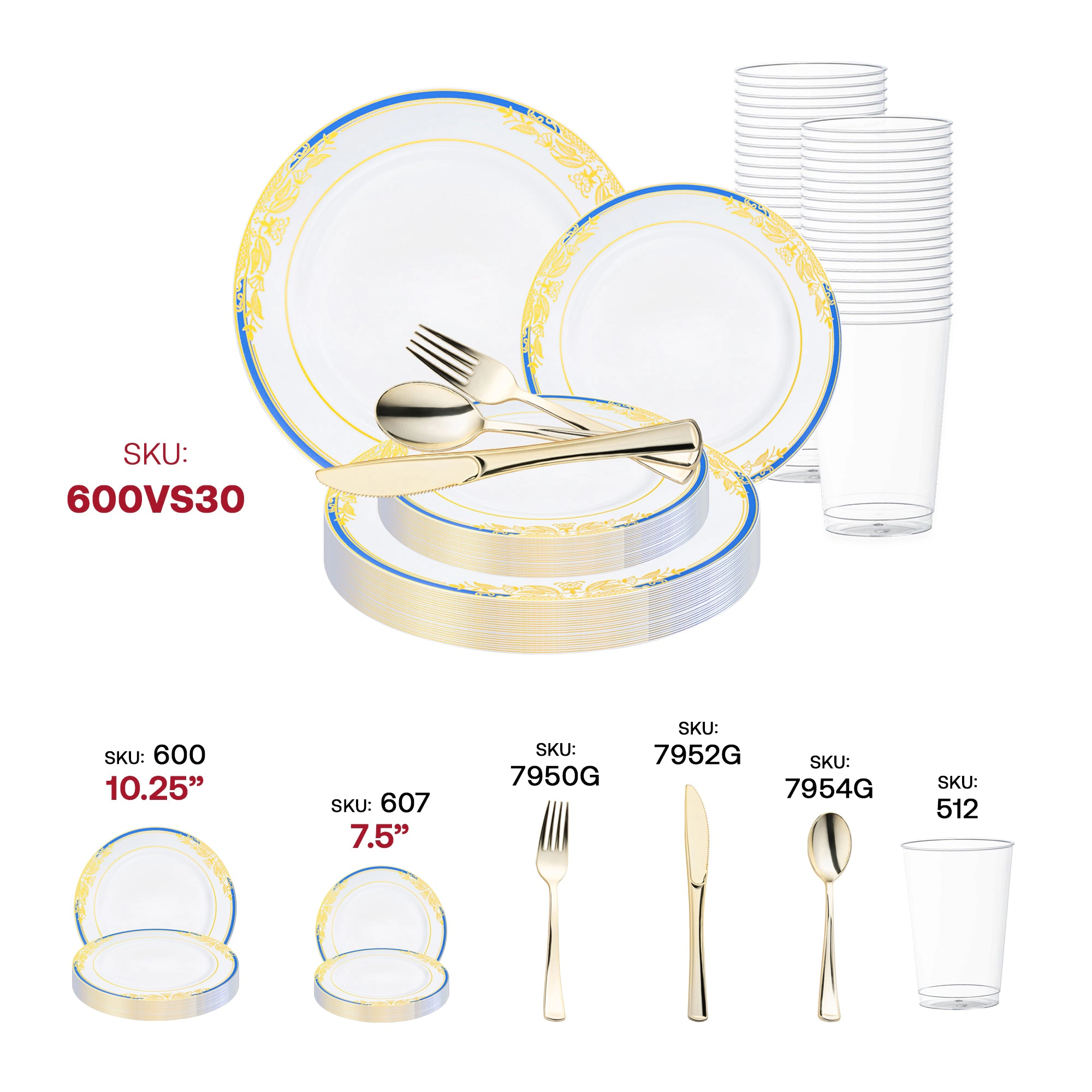 Smarty Had A Party White with Blue and Gold Harmony Rim Plastic Wedding Value Set