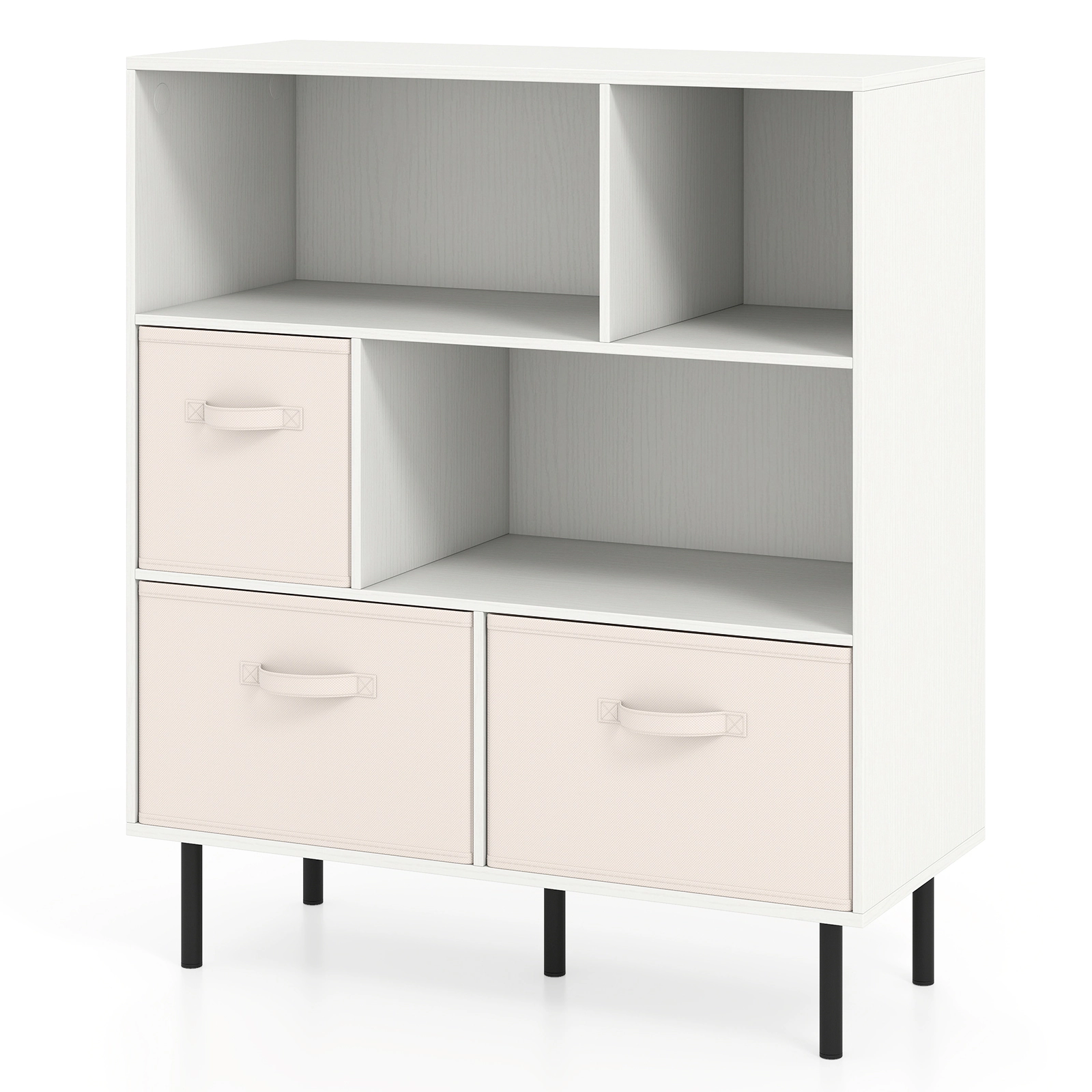 SUGIFT 6-Cube White Cube Storage Organizer Bookshelf with 3 Removable Folding Fabric Drawers and Metal Legs