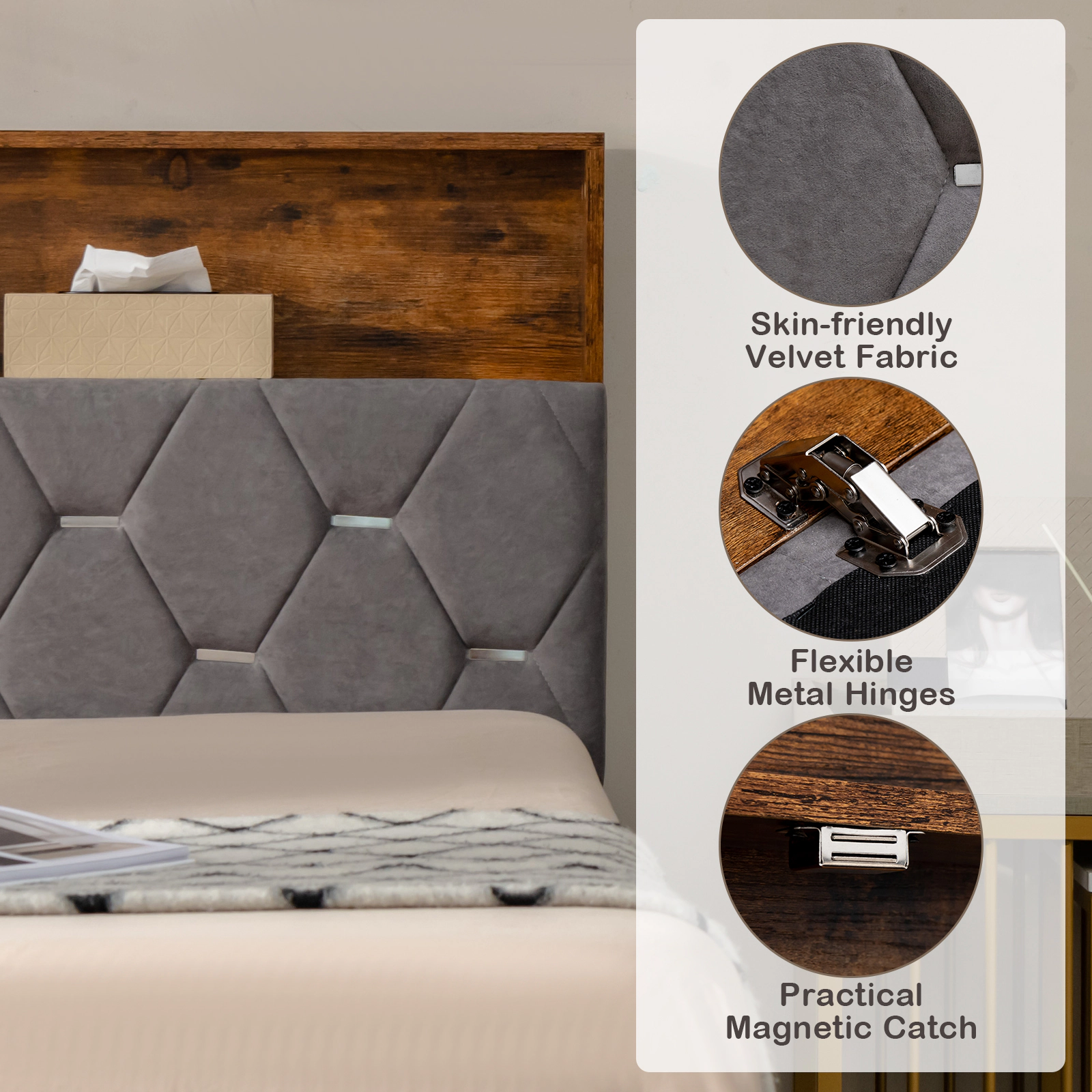 SUGIFT Full/Queen Size Upholstered Bed Frame with Storage Headboard 1000-lb Capacity Rustic Brown + Gray