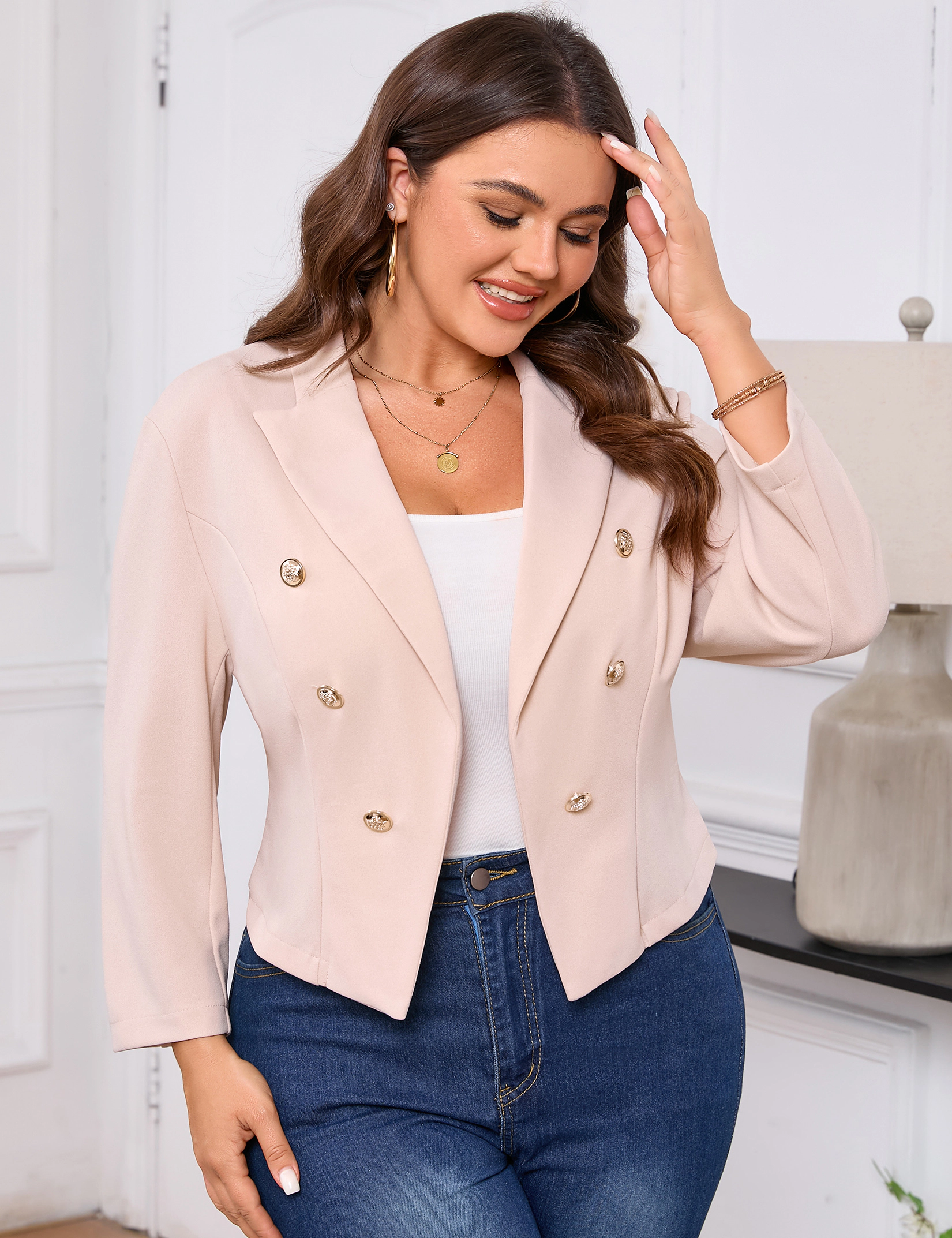 KOJOOIN Women's Double Breasted Cropped Blazer 3/4 Sleeves Open Front Office Work with Pocket