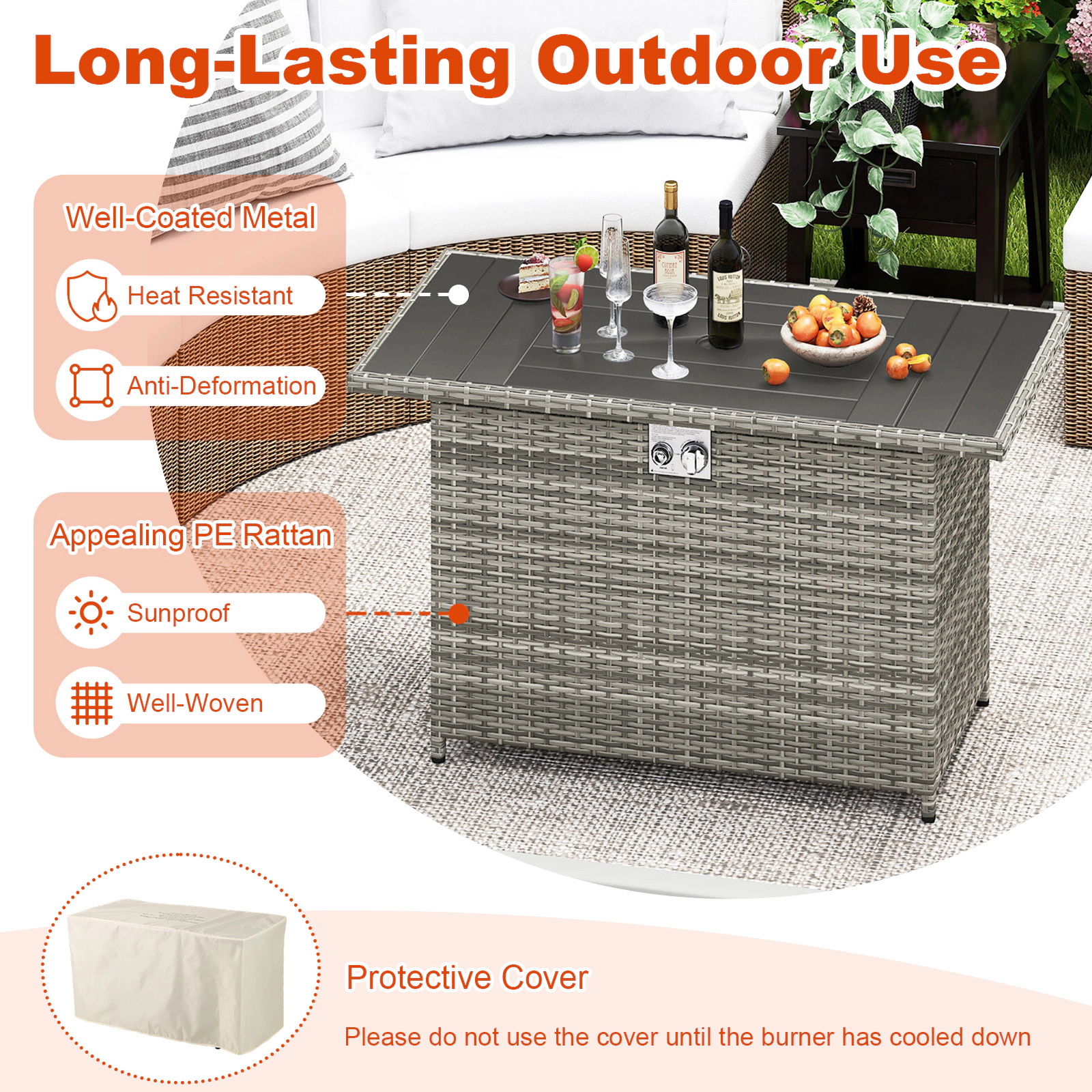 SUGIFT 44.5-In Gray Wicker Propane Fire Pit Table with Coffee Table Lid and Rain Cover
