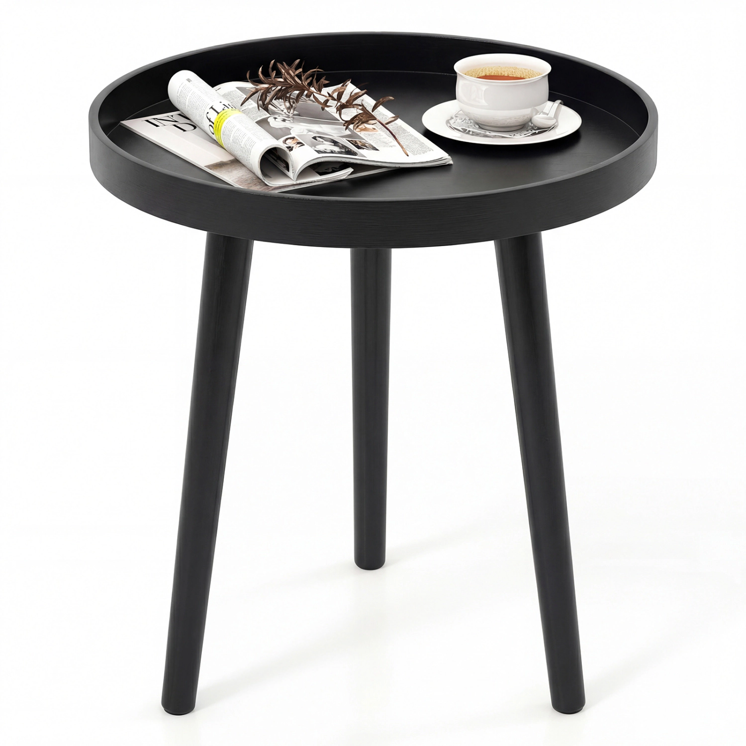 Glintex Mid-Century Round Tray-Top Side Table with Bamboo Legs and Lipped Edge