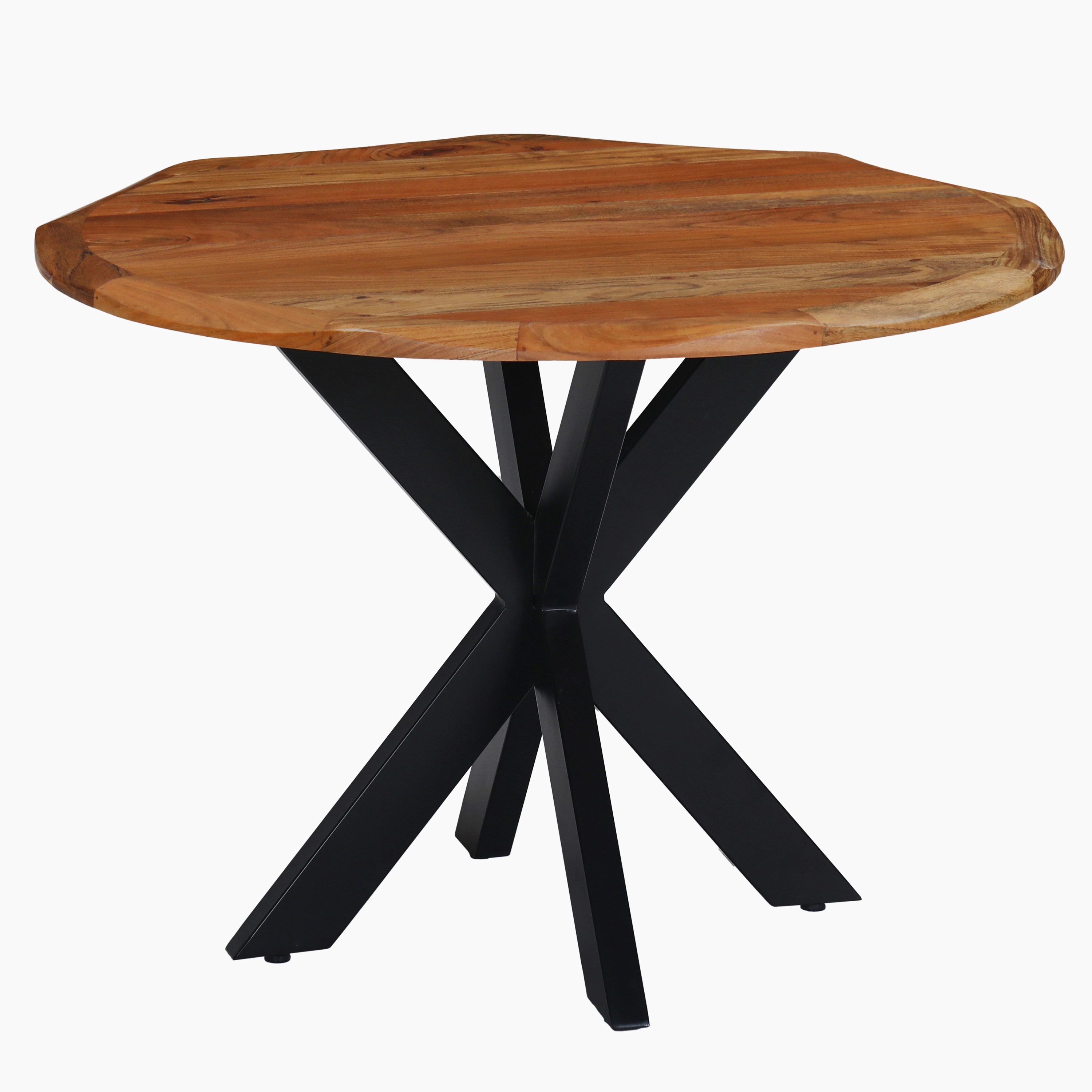 The Urban Port 41 Inch Handcrafted Live Edge Round Dining Table with a Natural Brown Acacia Wood Top and Black Iron Legs