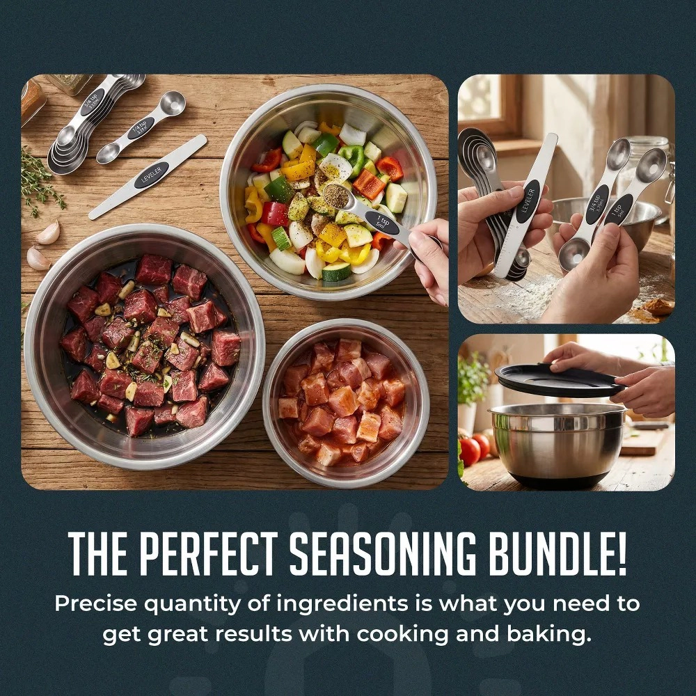 Luminuxe 12 Piece Kitchen Mixing & Measuring Set, Stainless Steel Mixing Bowl with Lids and Nesting Magnetic Spoons