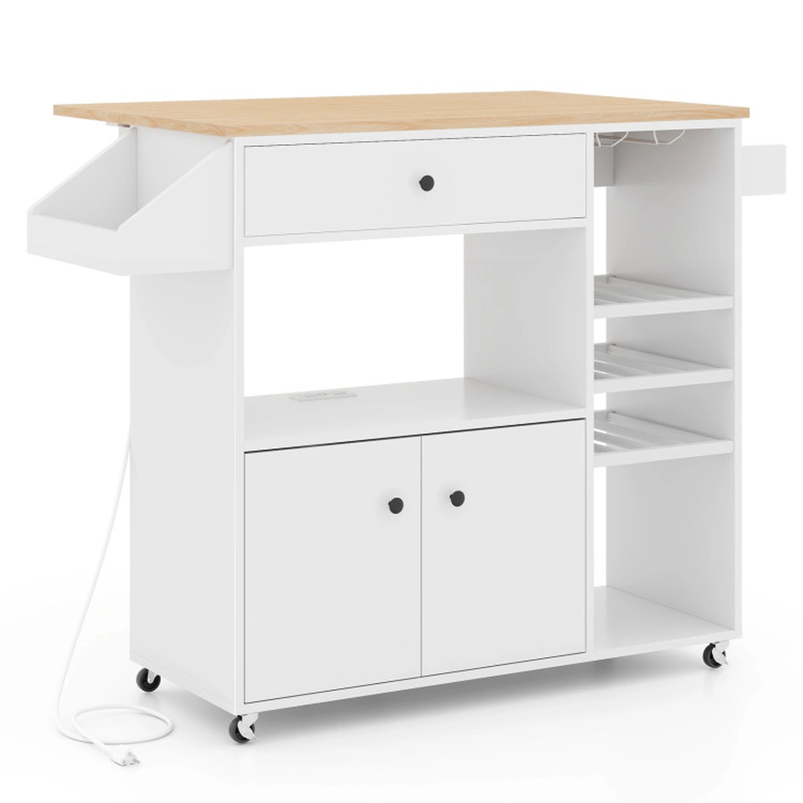 SUGIFT Drop Leaf Mobile Kitchen Island White with Power Outlet and Adjustable Shelf