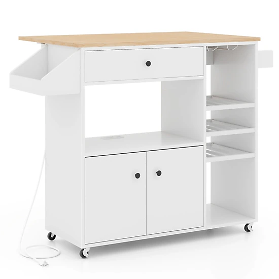 SUGIFT White Drop Leaf Mobile Kitchen Island with Power Outlet and Adjustable Shelf 51-in W 15.5-in D 110-lb Top
