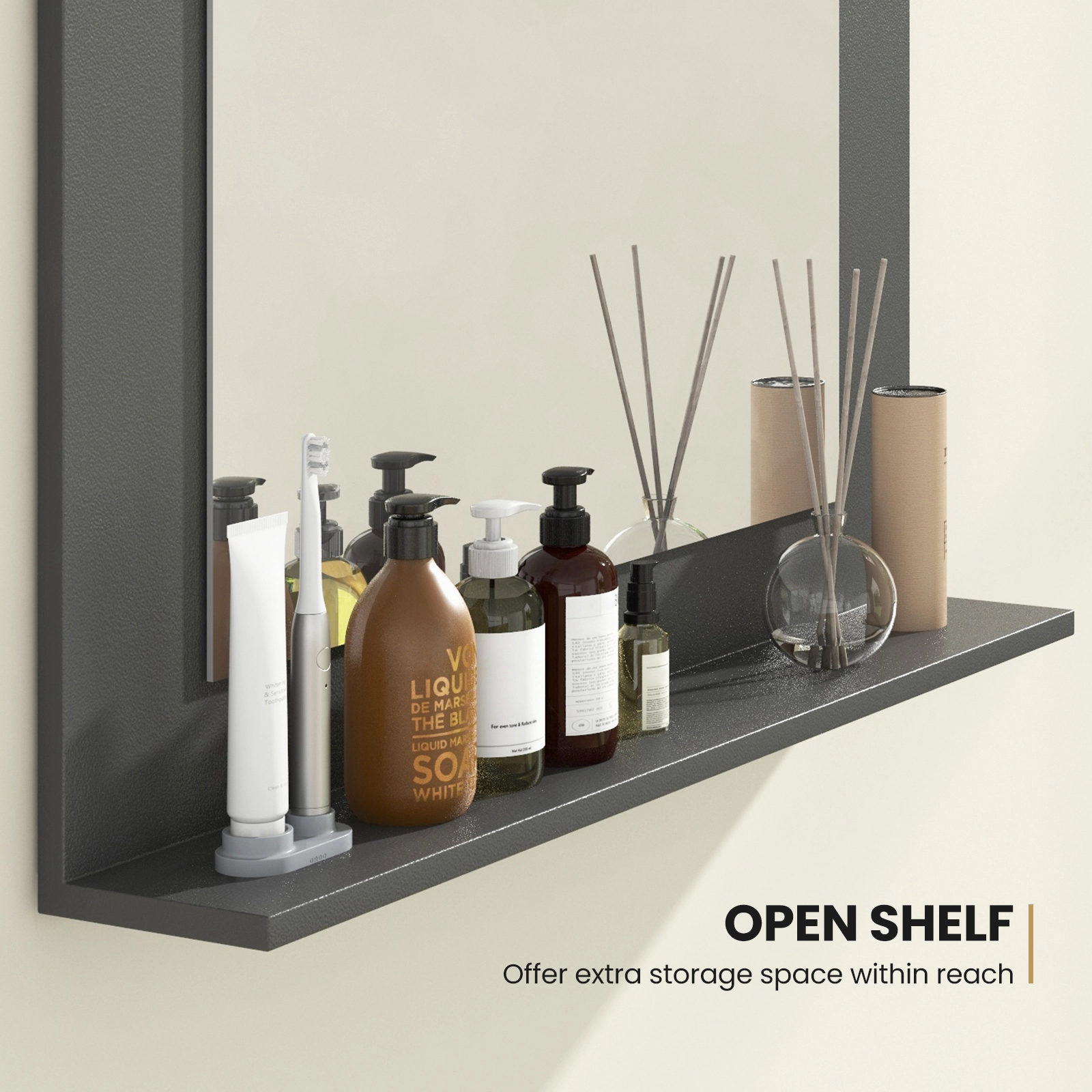 SUGIFT Rectangle Bathroom Mirror Gray 23.5 x 17.5 Inch with Wood Frame and Shelf