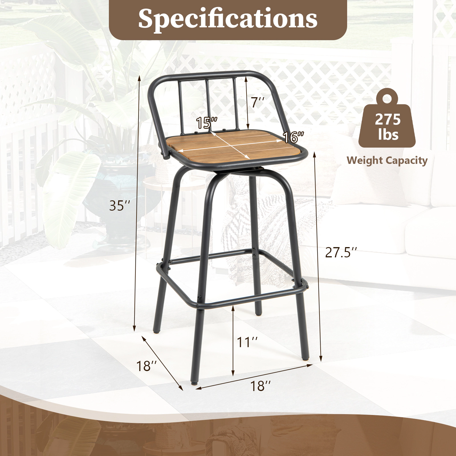 SUGIFT 360° Swivel Bar Stool Set of 2 with Curved Backrest and Footrest 275-lb Capacity Black + Natural