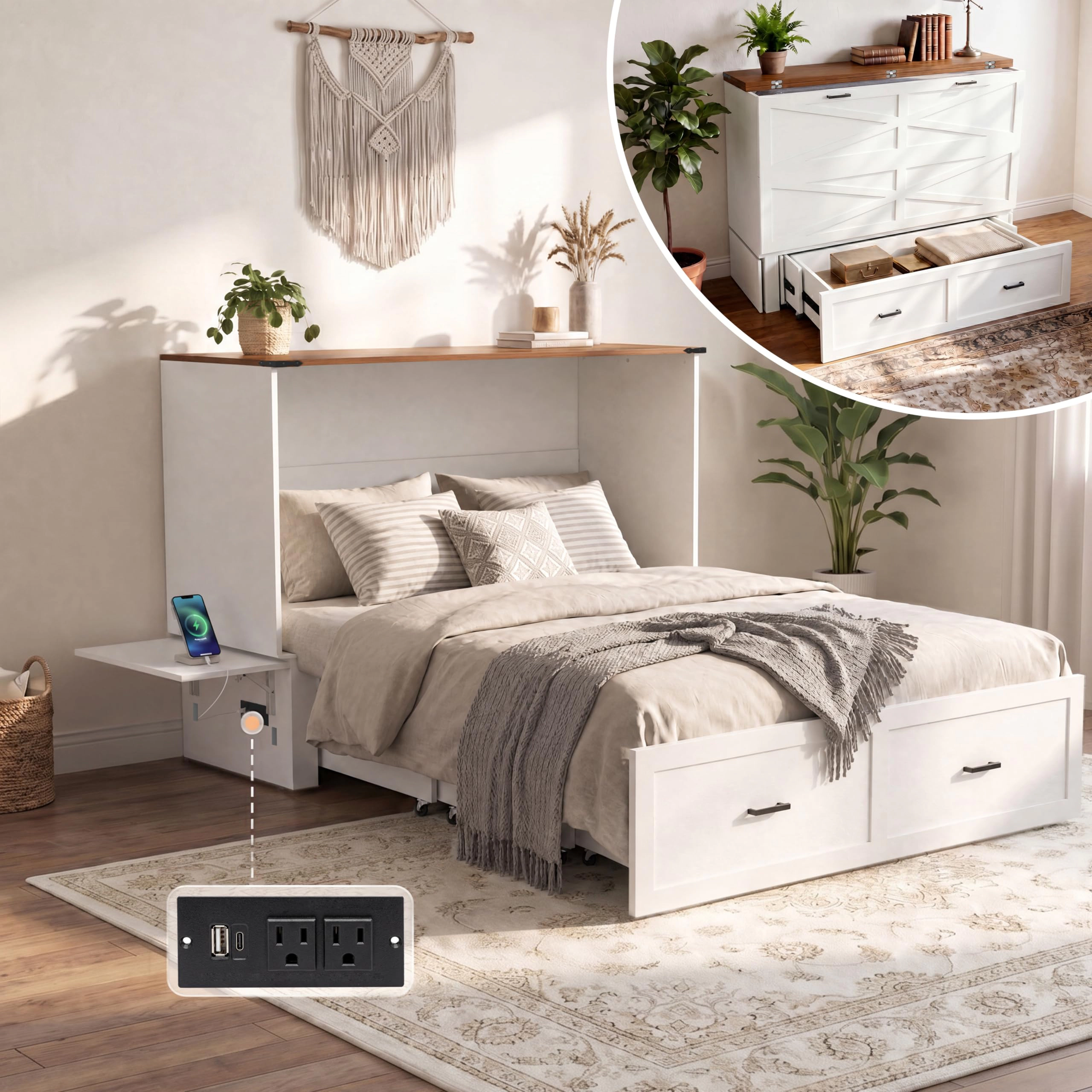 Queen Murphy Bed Cabinet with Storage Drawer, Charging Station & Fold-Out Platform Bed with Mattress Included
