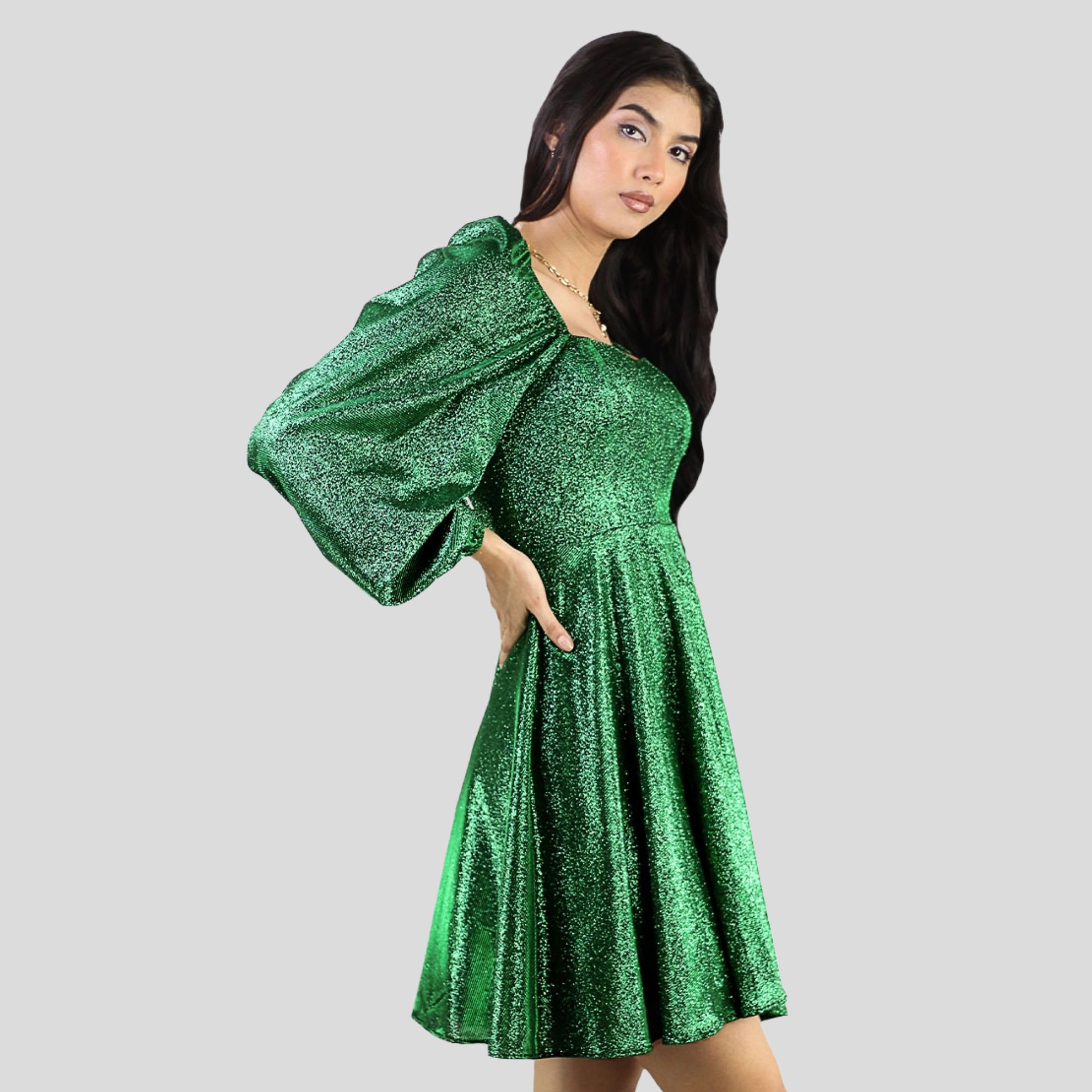 Artyska Women’s Glitter Short Puff Sleeves Square Neck Party Dress