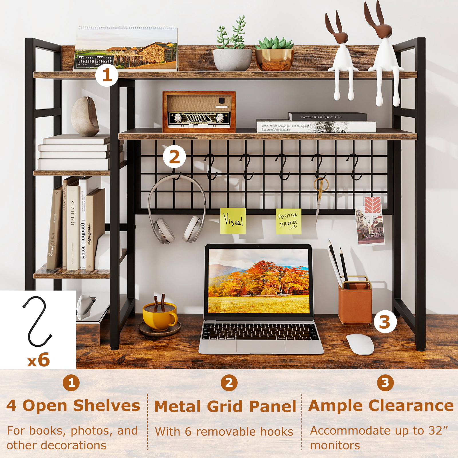 SUGIFT 4-Tier Rustic Brown Desktop Bookshelf with Metal Grid Panel 6 Hooks and Display Rack for Monitor