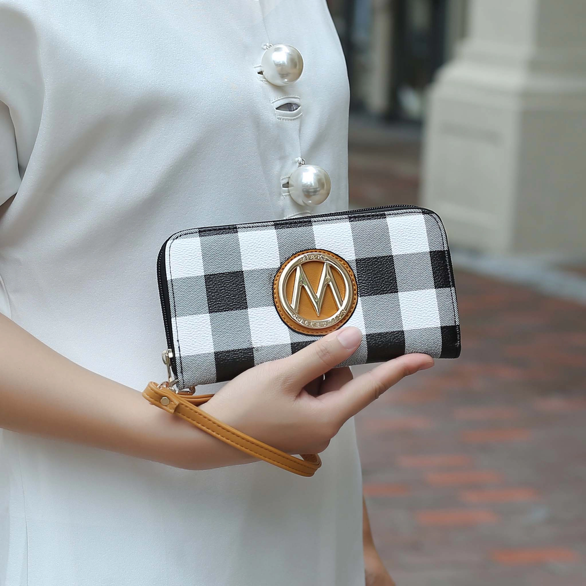 MKF Collection Yuliana Checked Satchel with Matching Wallet - Vegan Leather, Gold-Tone Hardware