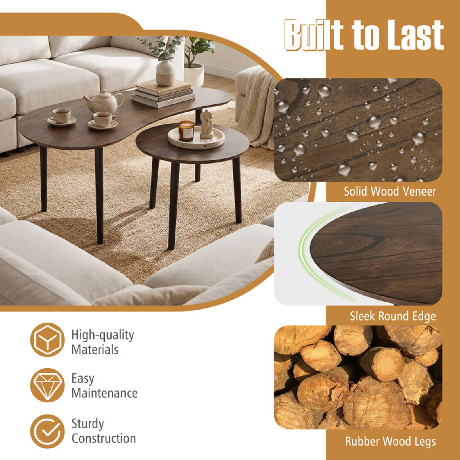 SUGIFT Set of 2 66-lb Capacity Mid Century Modern Walnut Nesting Coffee Tables with Rubber Wood Legs
