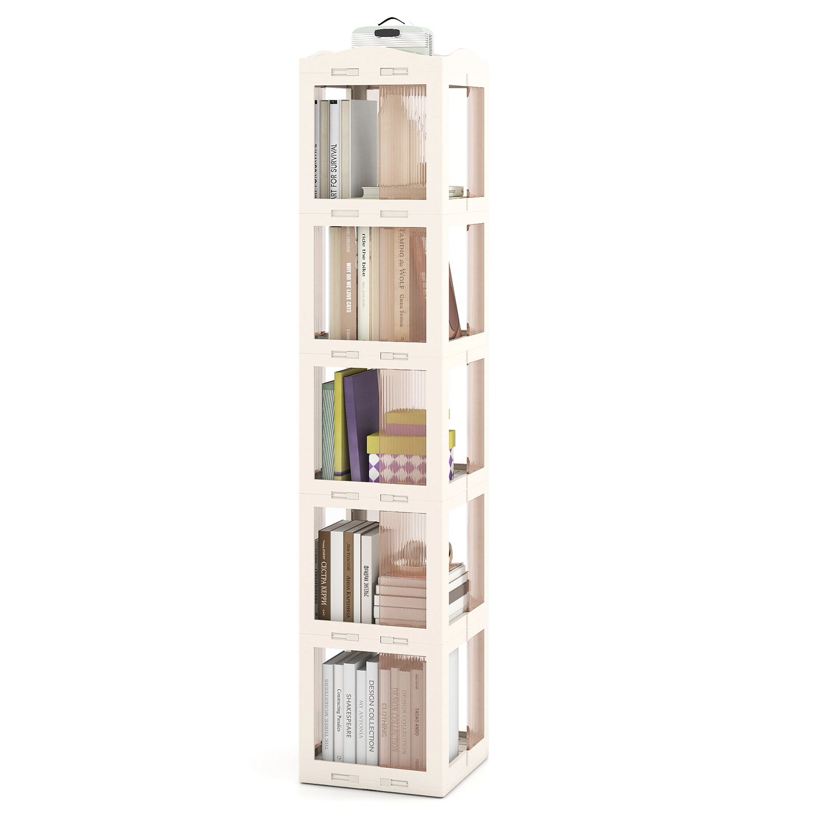 SUGIFT White 5-Tier Foldable Rotating Bookshelf 68.5 in with 360 Degree Swivel Base