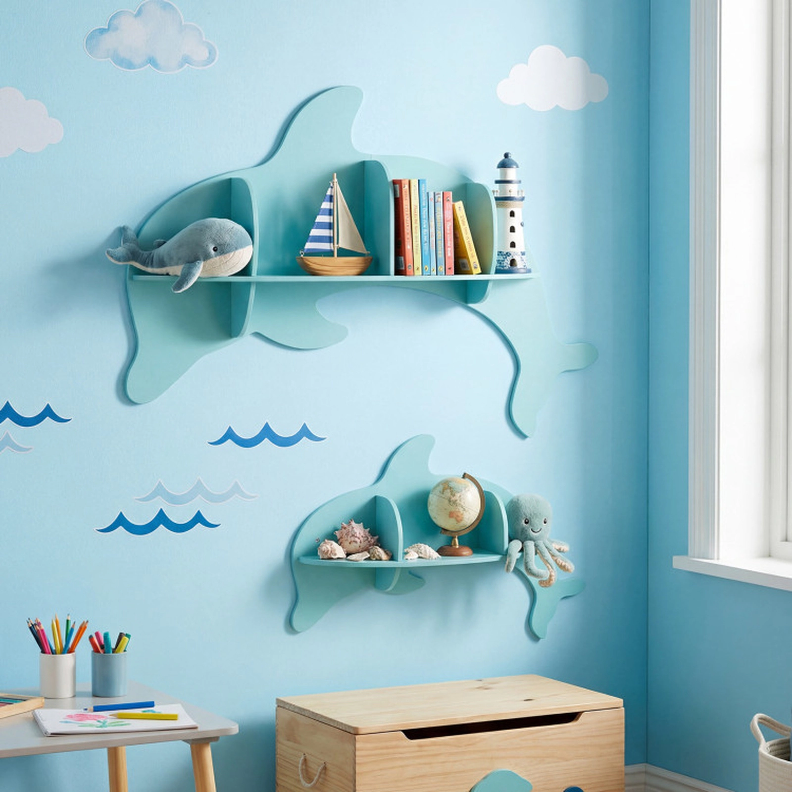 SUGIFT Floating Dolphin Wall Mounted Toy Organizer Shelves Set of 2 11-lb Shelf Capacity 7-lb Small Shelf Capacity Blue