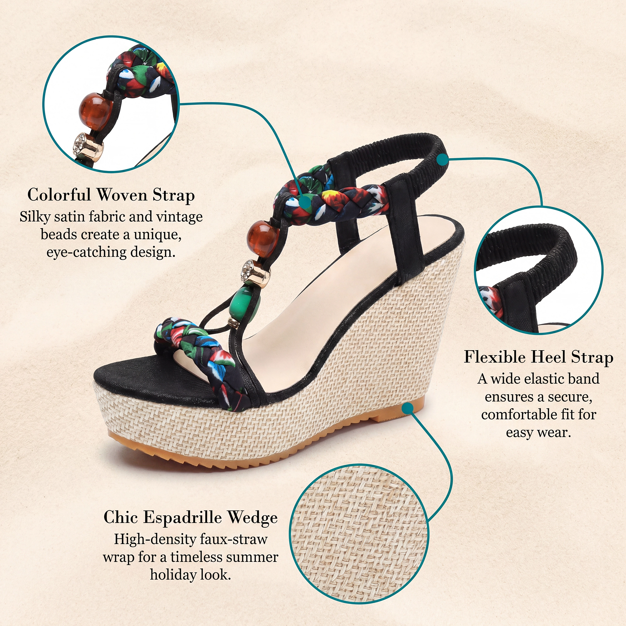 BLISSFUL STEP Women's Beaded Elastic T-Strap Platform Peep-Toe Sandals