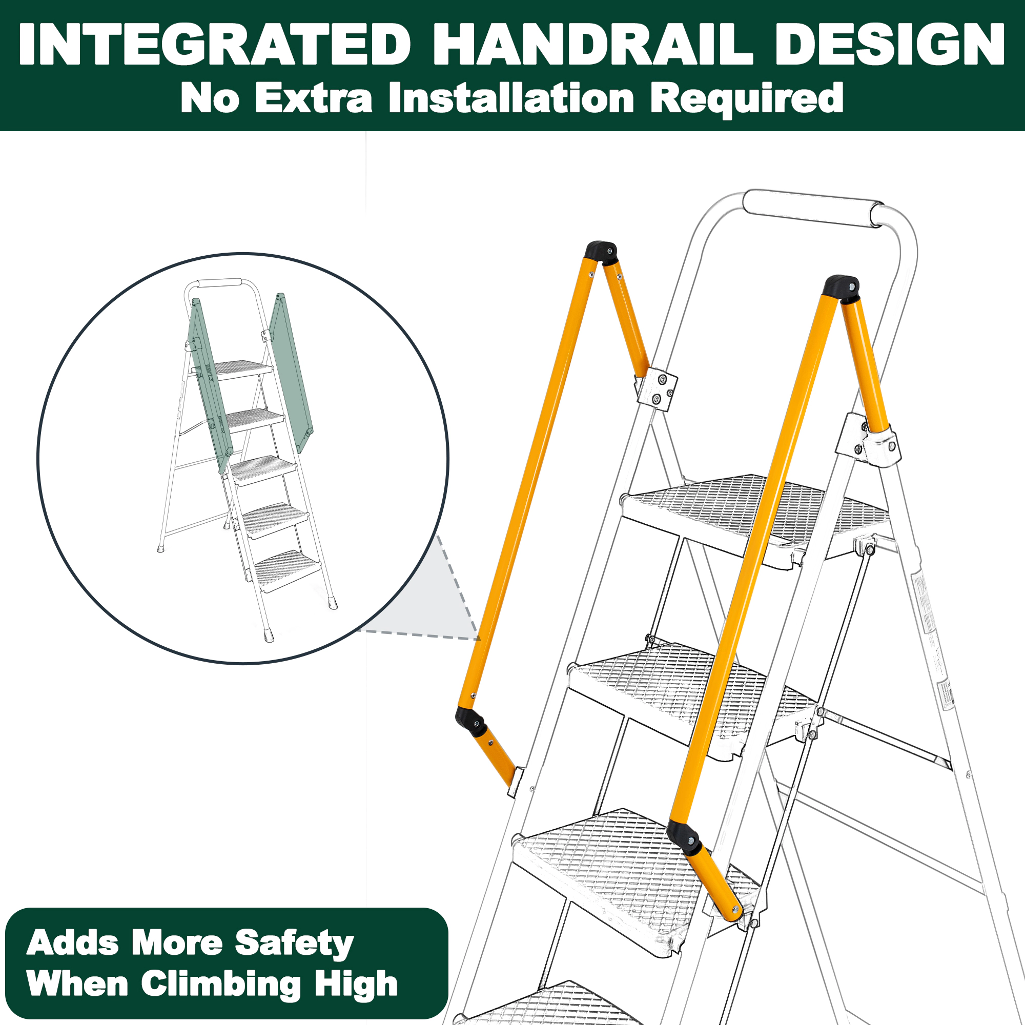 Flynama 5 Step Ladder - 500lb Capacity Steel Foldable Step Stool (Yellow)