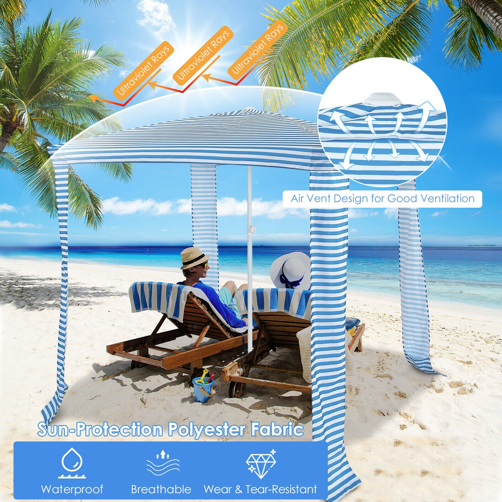 SUGIFT Blue Striped 4-Person Beach Canopy Tent with Sidewall