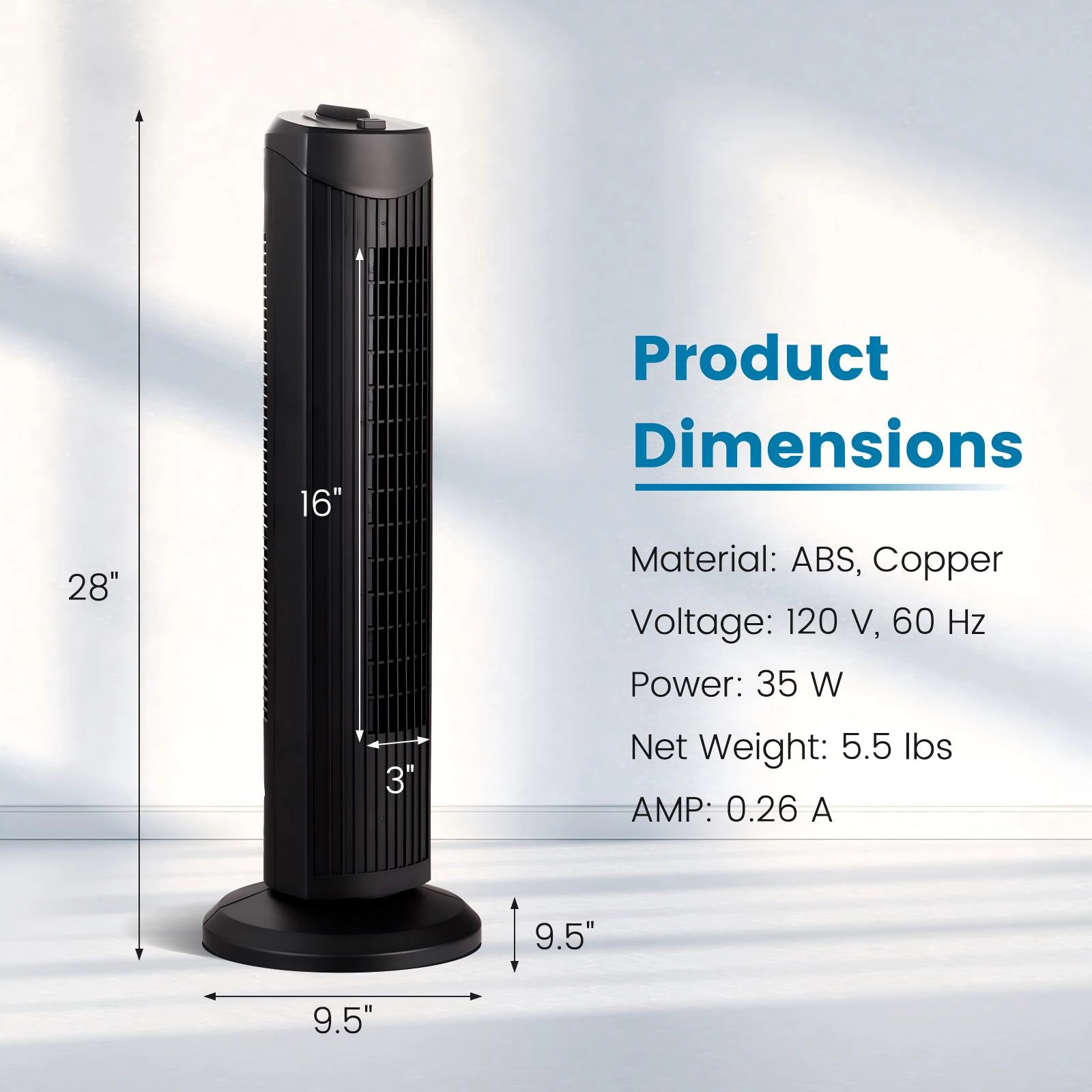 SUGIFT 35W Quiet Oscillating Tower Fan with 3 Speeds Bladeless Floor Fan Black
