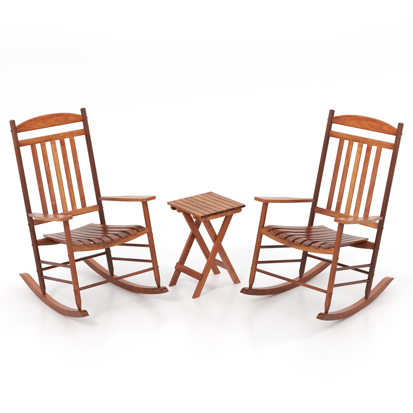 SUGIFT 3-Piece Poplar Wood Rocking Conversation Bistro Set with Folding Side Table 400-Lb Rocker Capacity Natural
