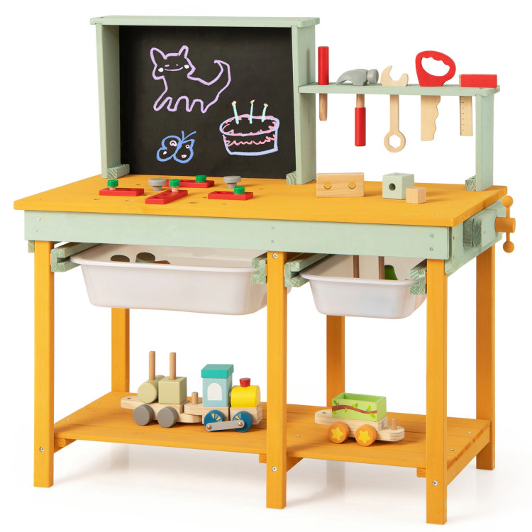 Hivvago Kids Wooden Toy Workbench with Storage Space and Blackboard