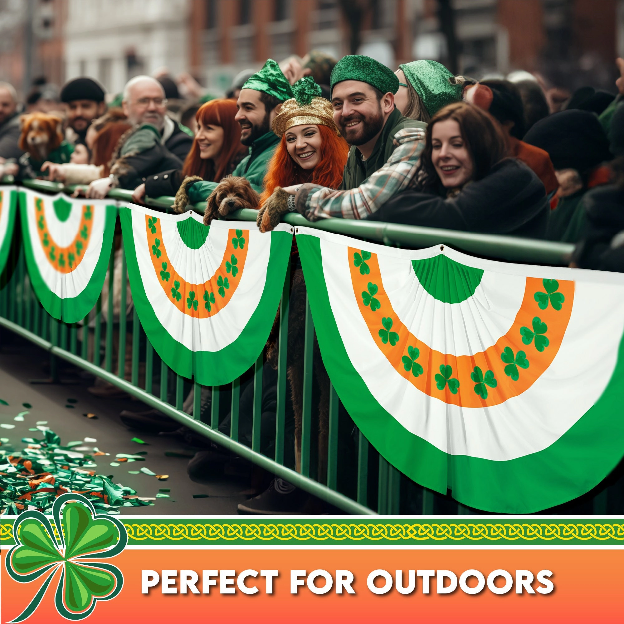 G128 Ireland Shamrock Pleated Fan Flag, 3 x 6 ft Polyester, Brass Grommets, St. Patrick's Day Decor