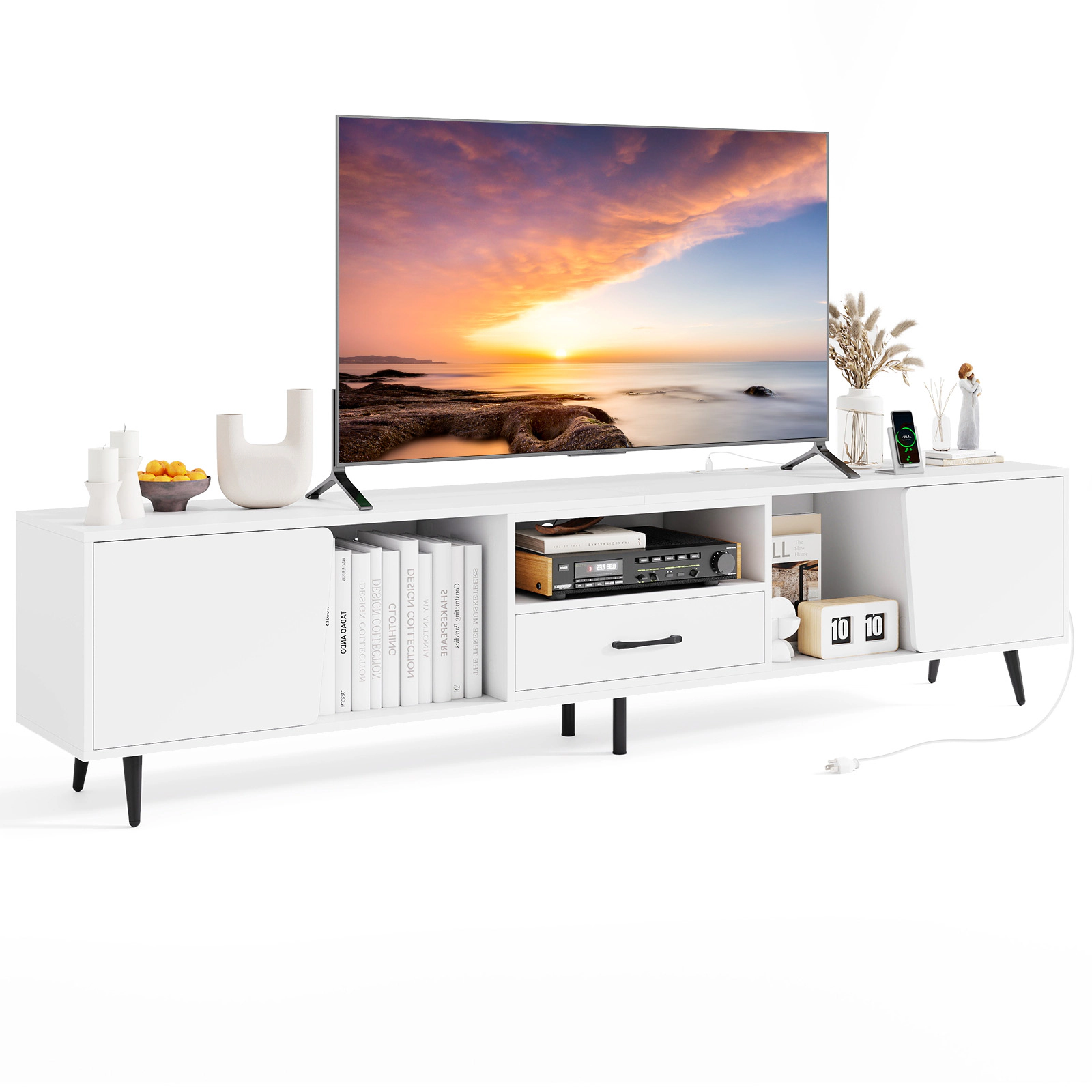 Glintex 79-Inch TV Stand with Charging Station for TVs up to 90 Inches, White & Black
