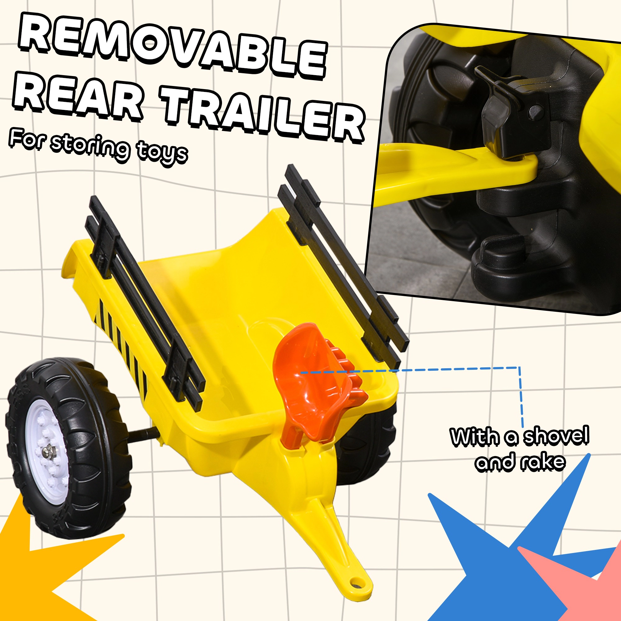HONGGE Kids Pedal Ride-On Tractor with Rear Trailer, Shovel & Rake, Working Horn, Yellow, Ages 3 and Up