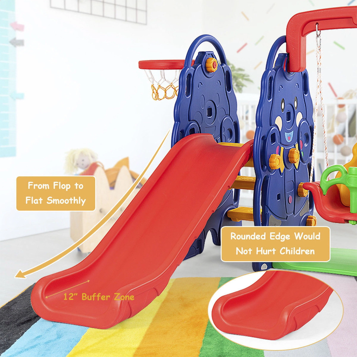 SUGIFT Toddler Multicolor 3-in-1 Slide and Swing Set with Basketball Hoop 59-in W 66-in H 110-lb Slide Capacity