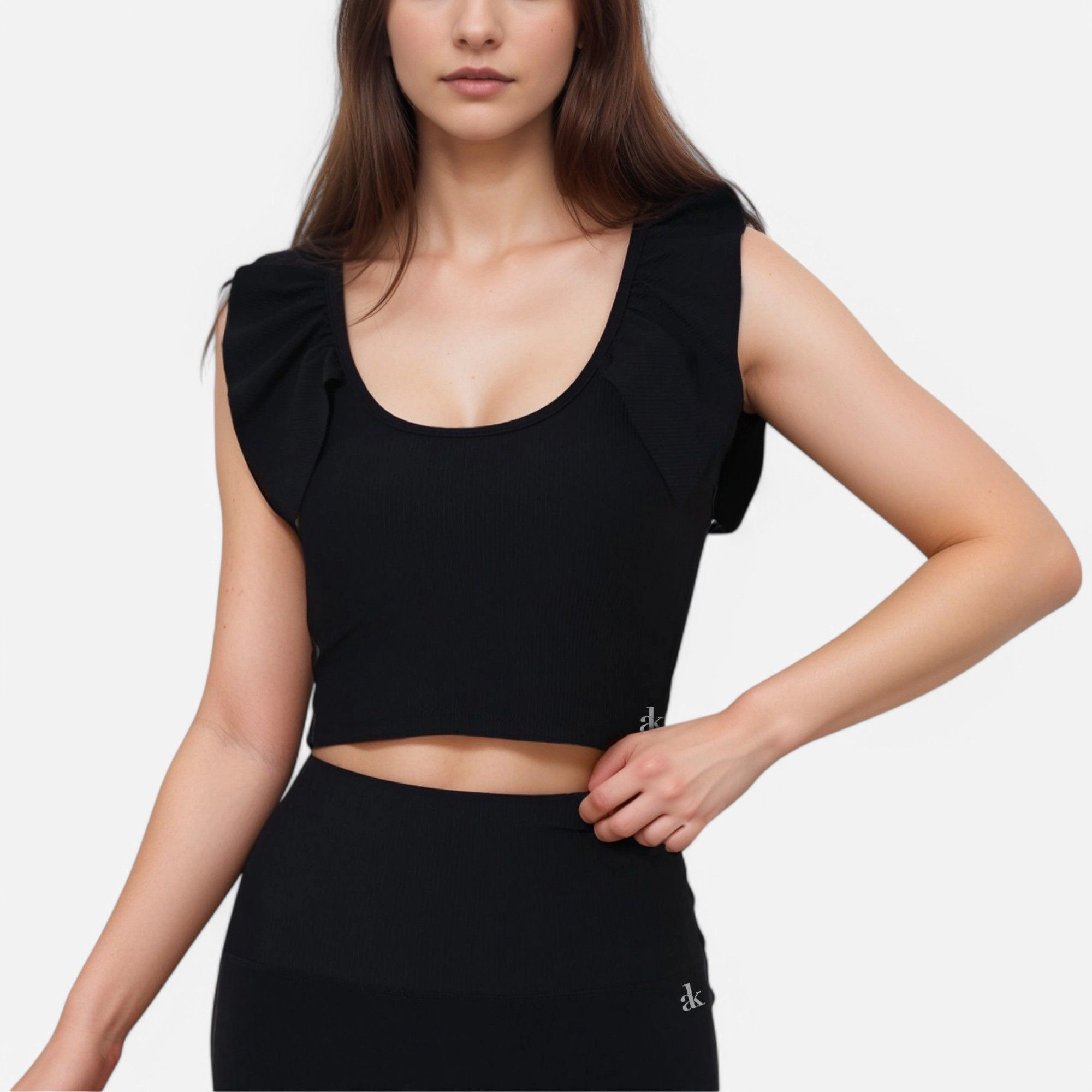Anna-Kaci Women's Ribbed Scoop Neck Crop Top with Flutter Shoulder Details and Seamless Fitted Design