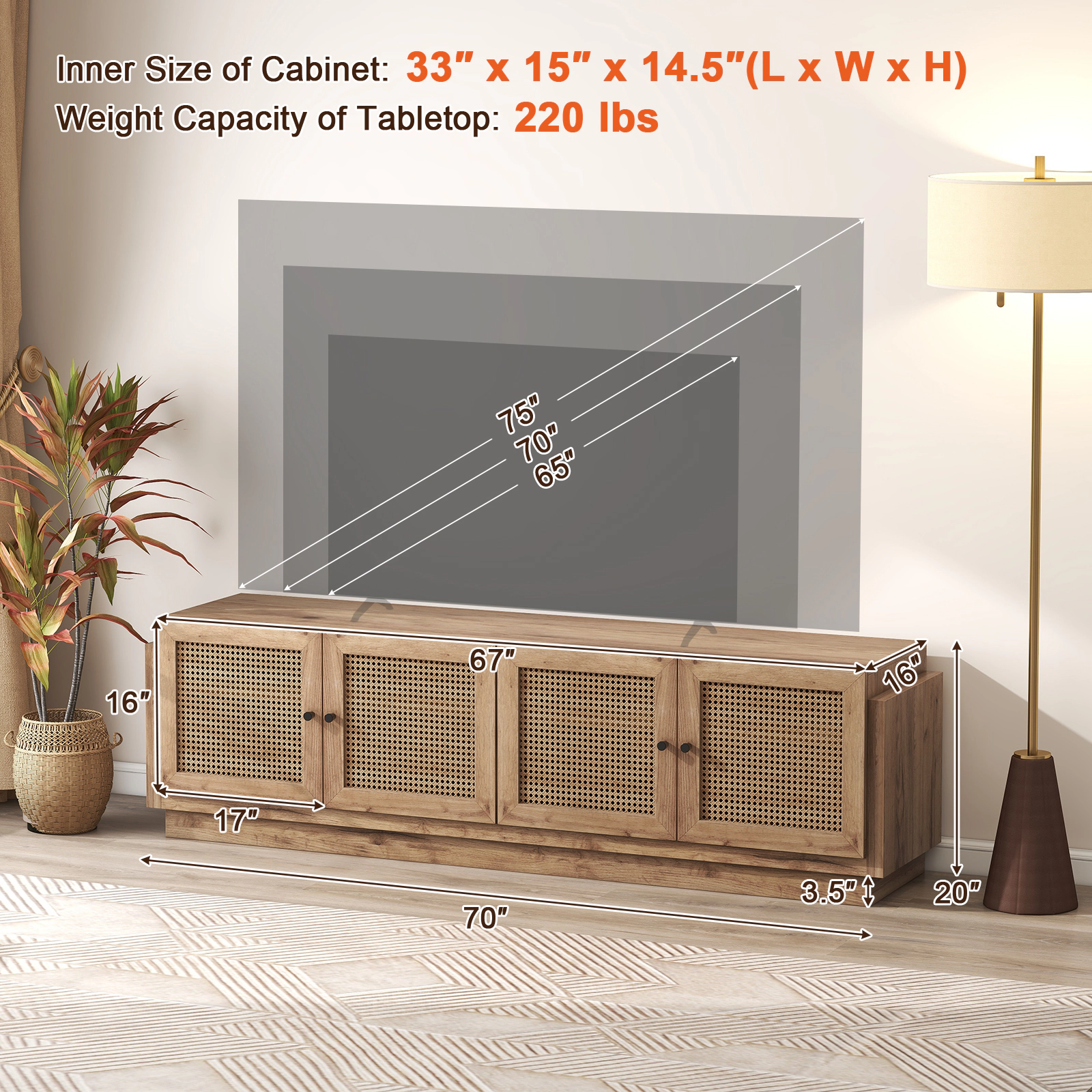 SUGIFT Farmhouse TV Stand with PE Rattan Doors for TVs up to 75 Inches 220-lb Tabletop Capacity Oak