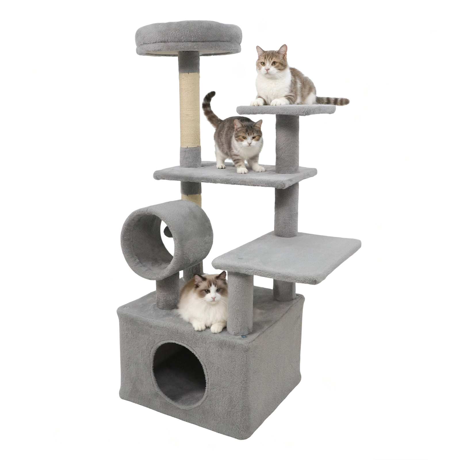 SUGIFT 48-in Light Gray Multi-Level Kitten Cat Tree Tower with Cylinder Tunnel Large Condo and Jute Posts