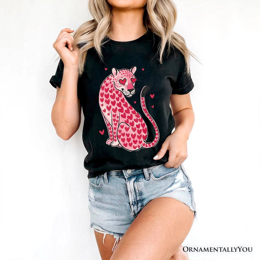 OrnamentallyYou Womens Pink Leopard Valentine Love Hearts T-Shirt
