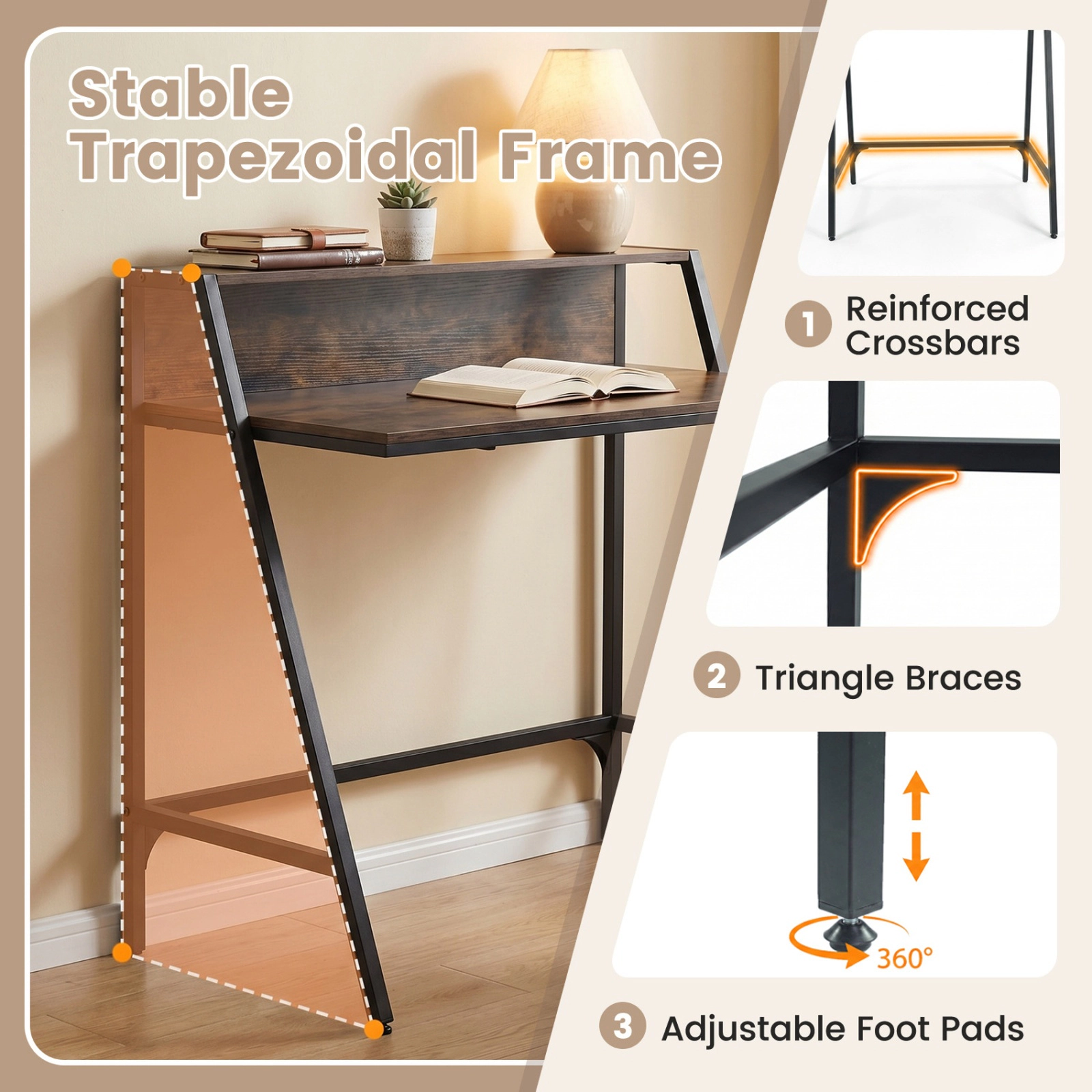 SUGIFT Rustic Brown Raised Storage Shelf and Metal Frame 31.5 Inch Industrial Writing Desk