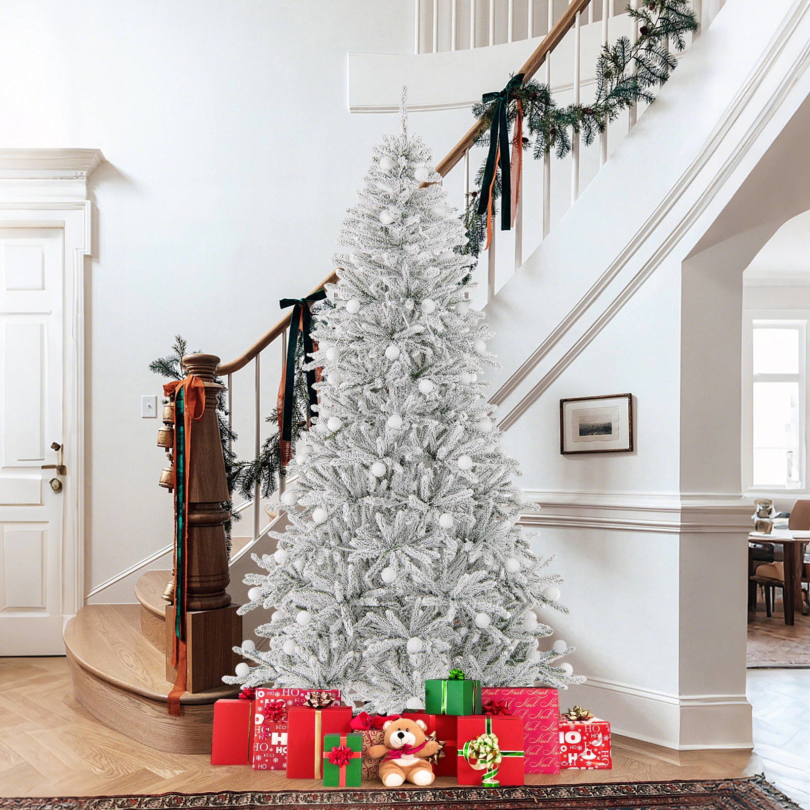 SUGIFT Snow-flocked Pre-lit Hinged Artificial Christmas Tree with 81 Sphere Lights 7 Feet Green & White