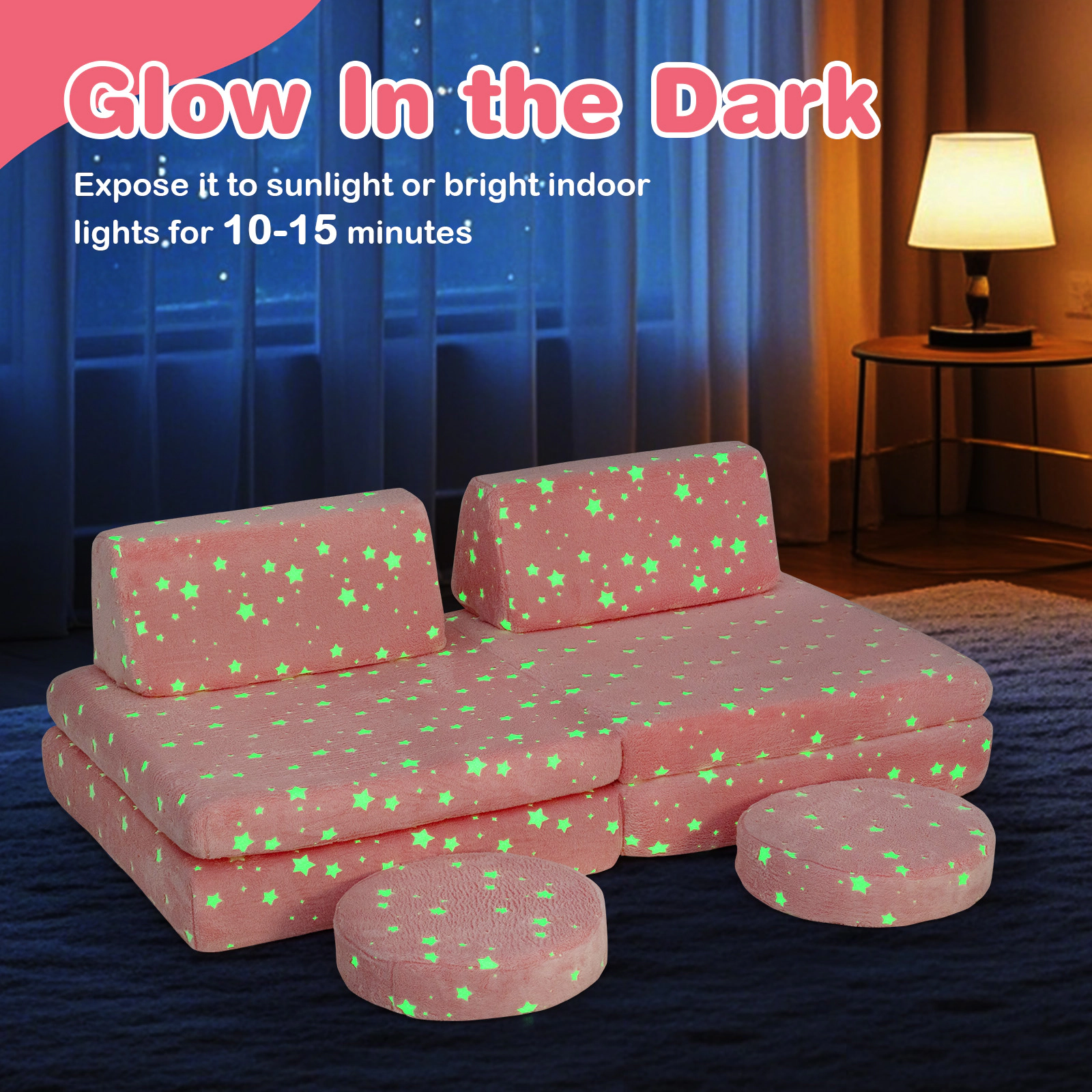 Modular Kids Play Couch Set Toddler Foam Sofa with Glow in the Dark Print Portable Handles and Machine-Washable Pink