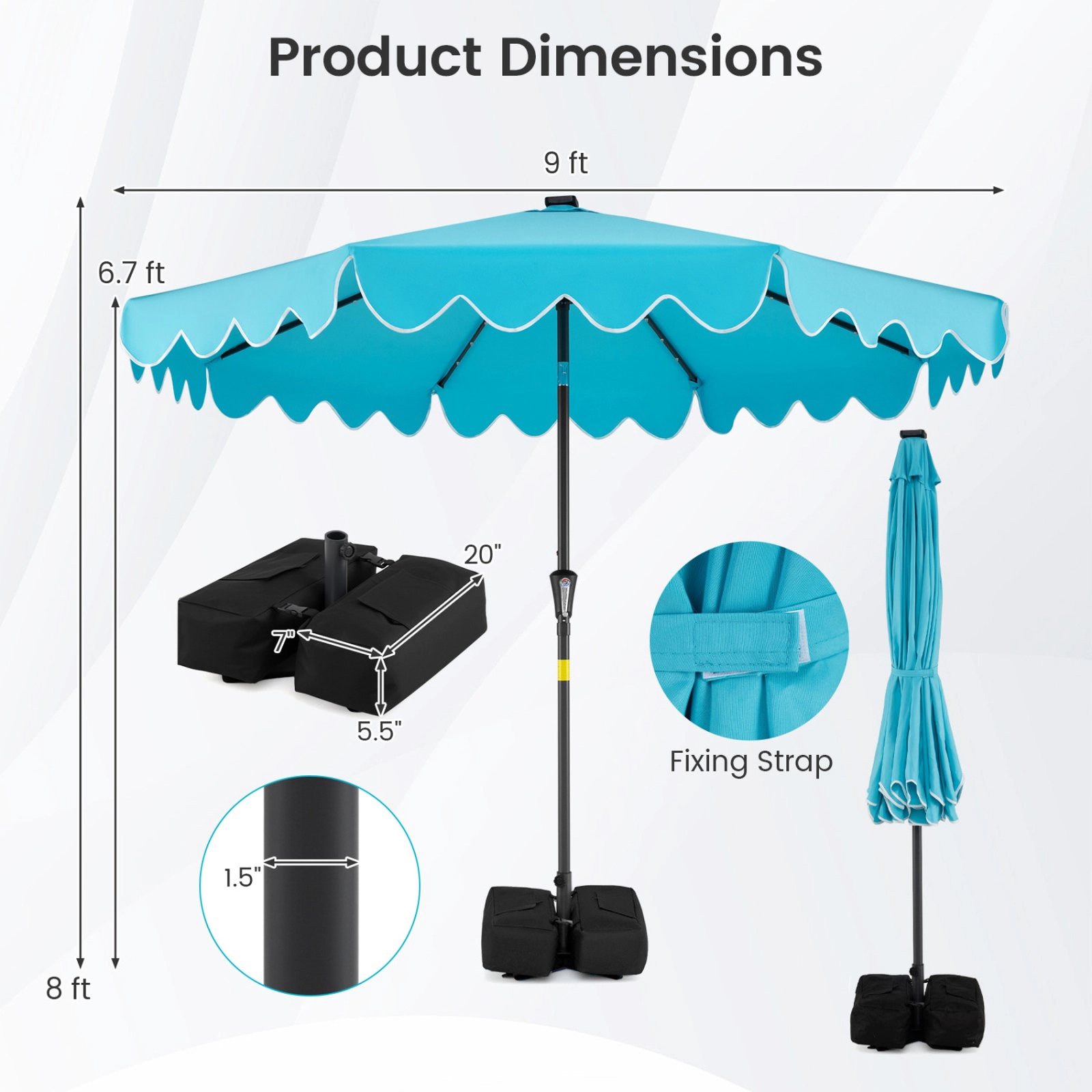 SUGIFT Turquoise 9 ft Outdoor Patio Umbrella with 32 Solar LED Lights and Sandbags