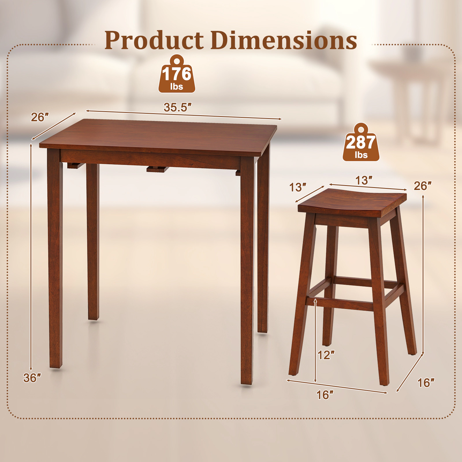 SUGIFT 3-Piece Counter-Height Bar Table Set with Pub Table & 2 Saddle Stools 176-lb Table Capacity 287-lb Stool Capacity