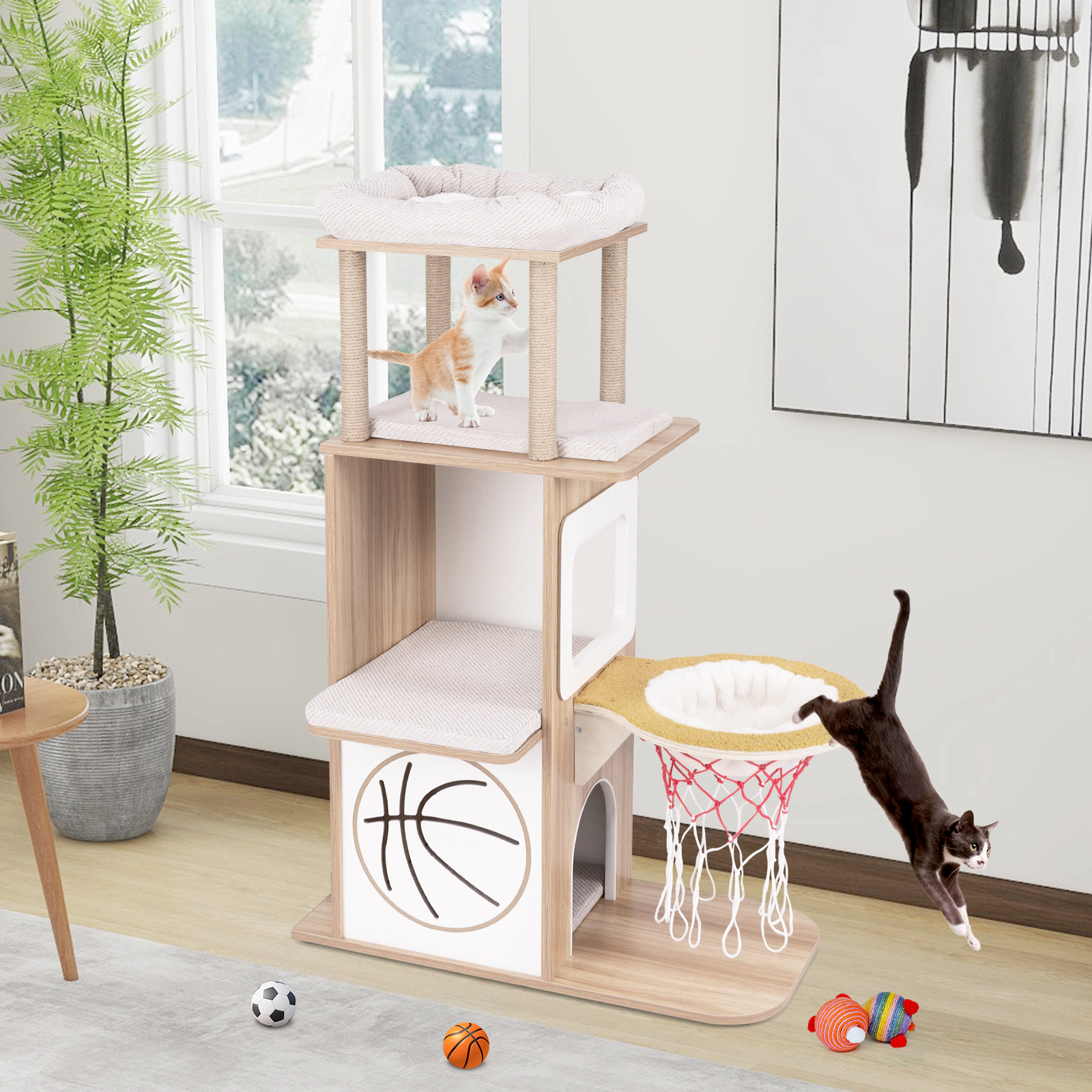 LJG 47 Inches Wooden Cat Tree with 2-Story Cat Condo and Basketball Hoop Hammock