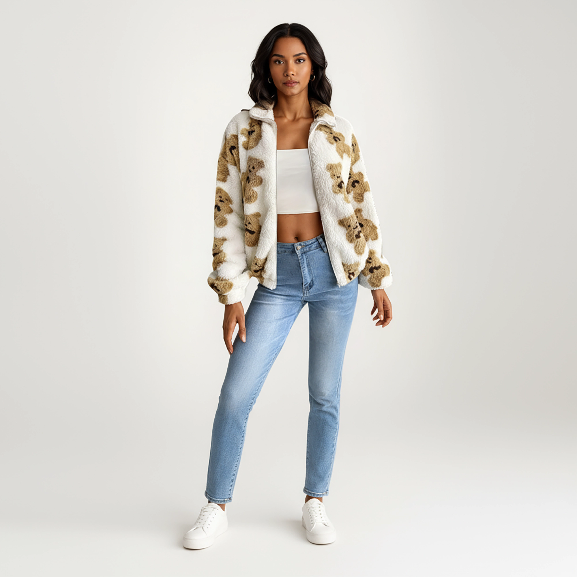 Anna-Kaci Women's Zip-Up Teddy Print High Pile Fleece Jacket with Long Sleeves and Relaxed Fit