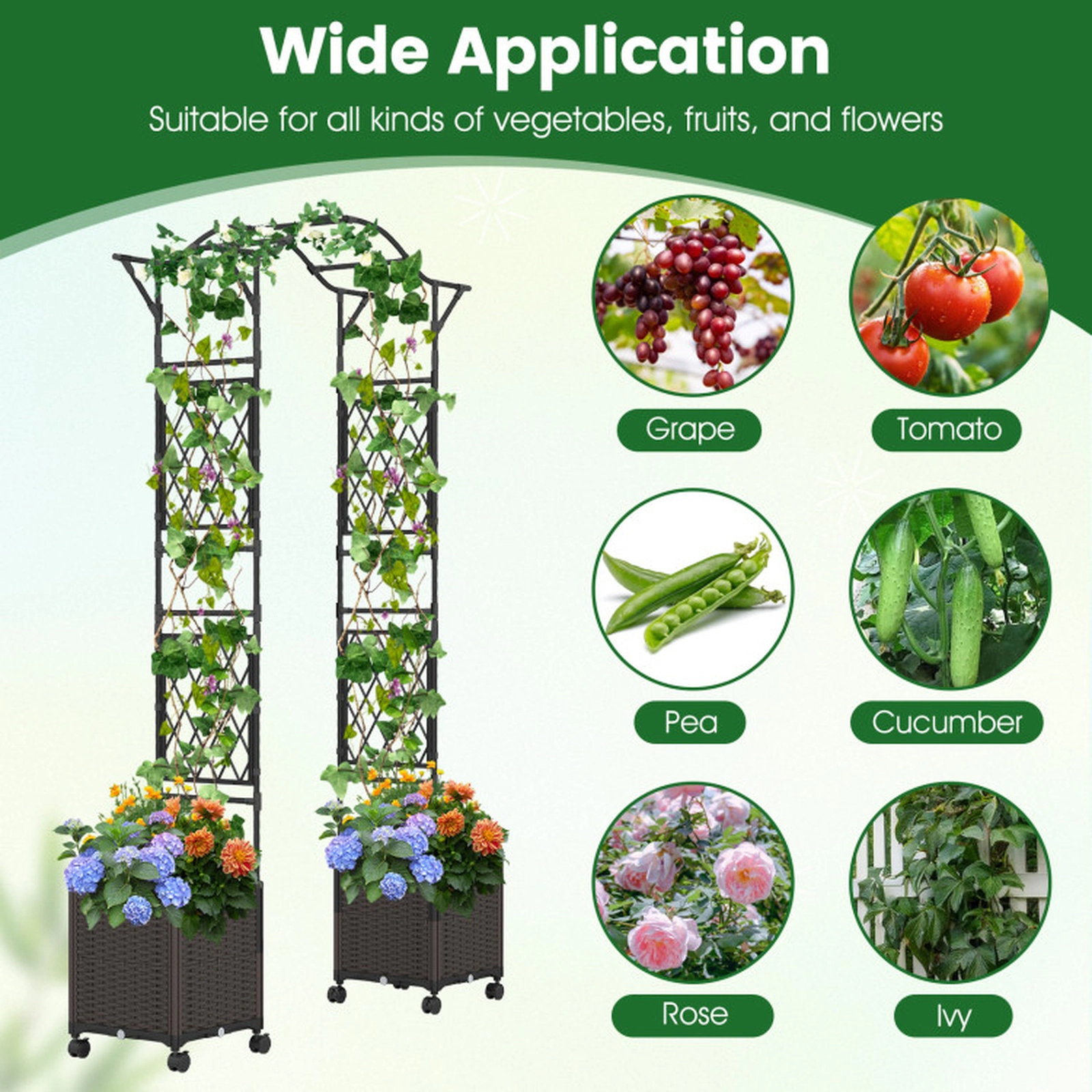 SUGIFT 82 x 99-in Black Metal Garden Arch Trellis with 2 Self-Watering Planter Boxes and Swivel Wheels