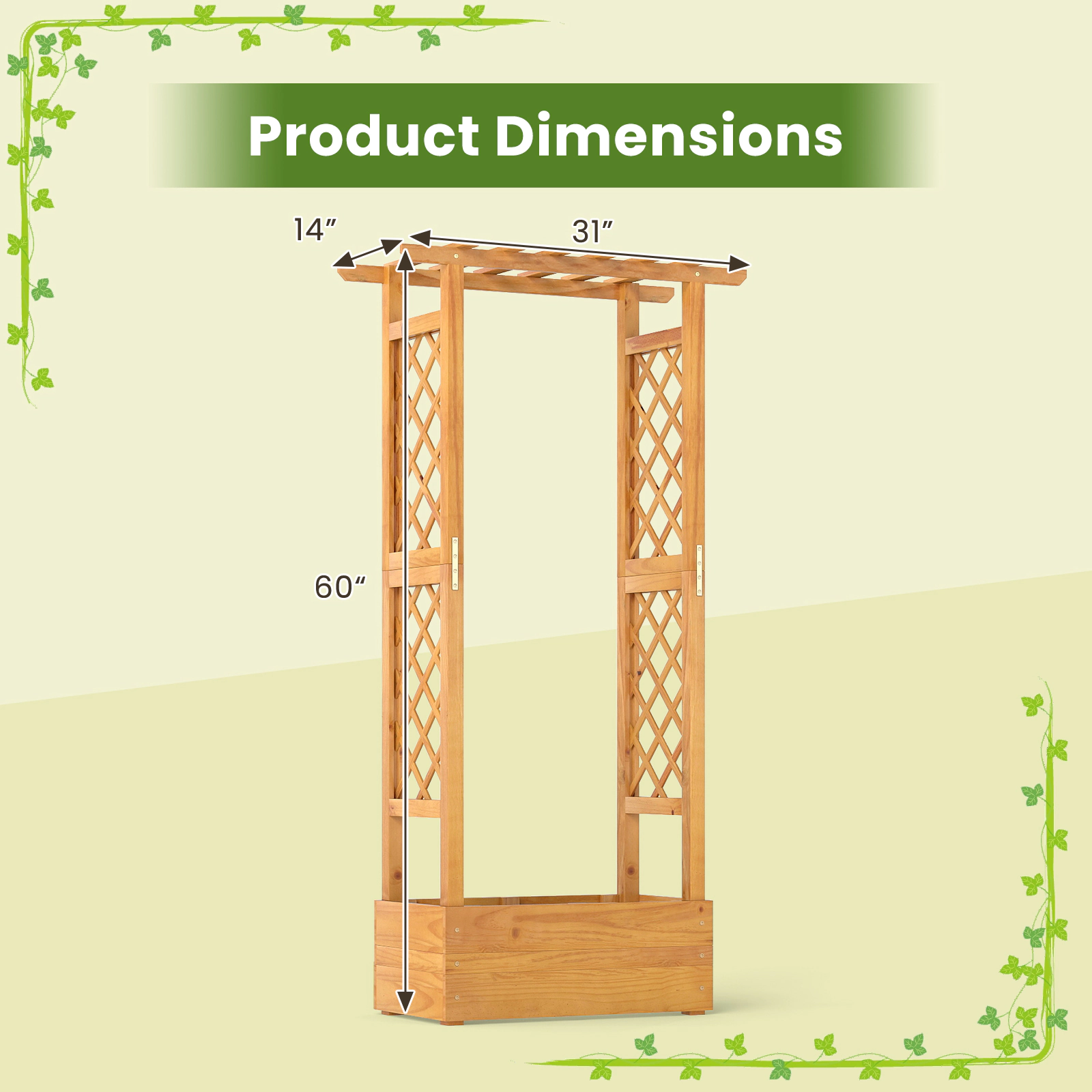 SUGIFT 60-in Tall 44-lb Roof Pine Wood Raised Garden Bed with Lattice Trellis Hanging Roof and Open-Ended Base