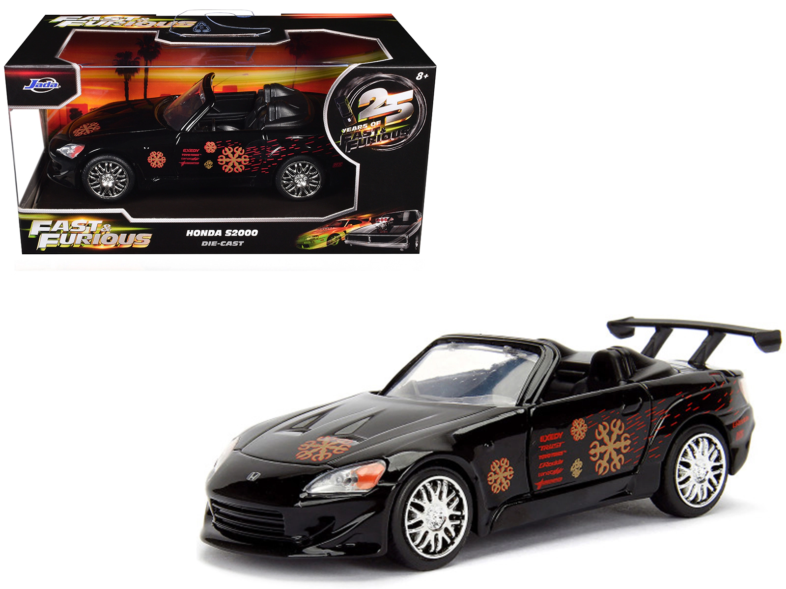 Jada Honda S2000 Convertible Black with Graphics "The Fast and the Furious" (2001) Movie "25 Years of Fast &