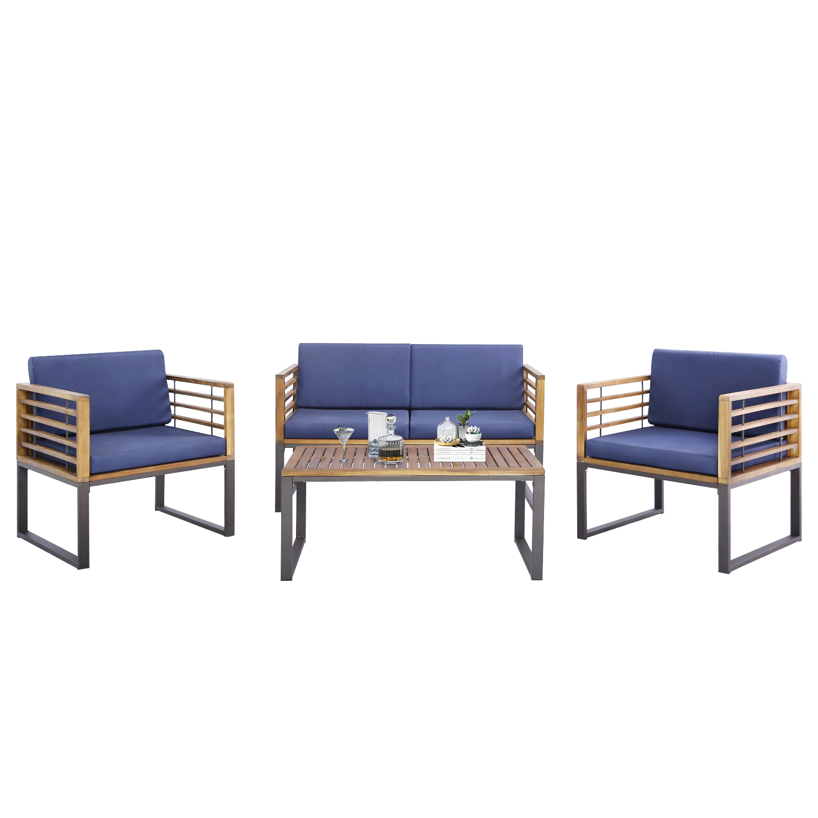 LJG 4 Piece Patio Acacia Wood Conversation Set with Soft Seat