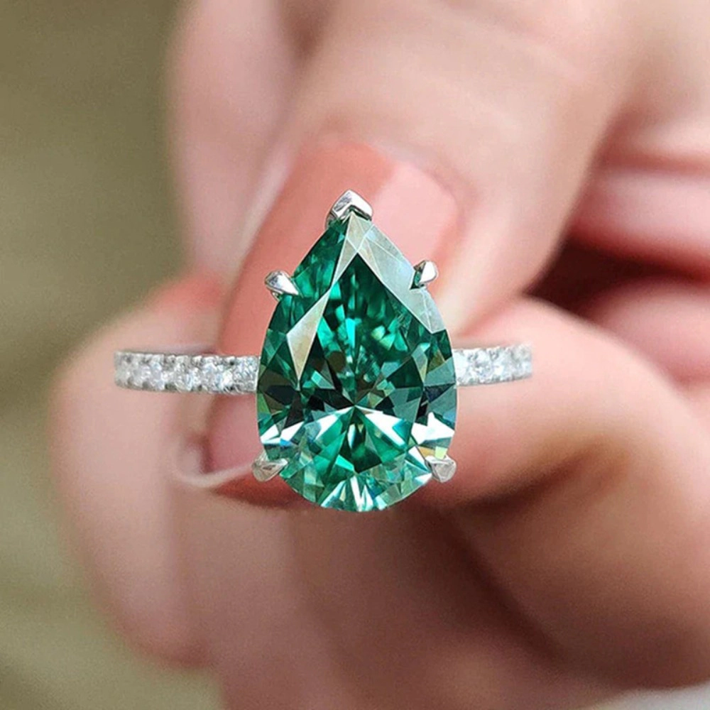 Platinum Plated Classic Pear-Cut Simulated Emerald Cubic Zirconia CZ Halo Wedding Ring