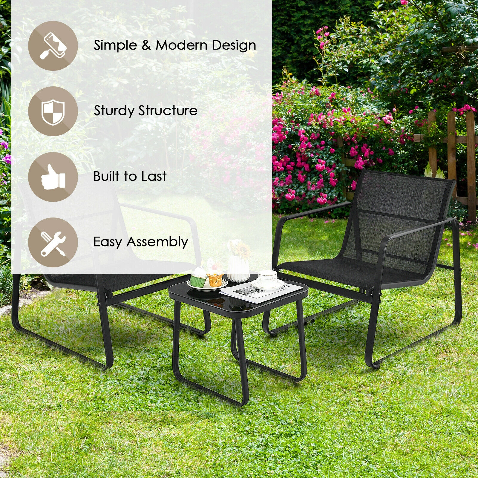 LJG 3 Pieces Patio Bistro Furniture Set with Glass Top Table Garden Deck
