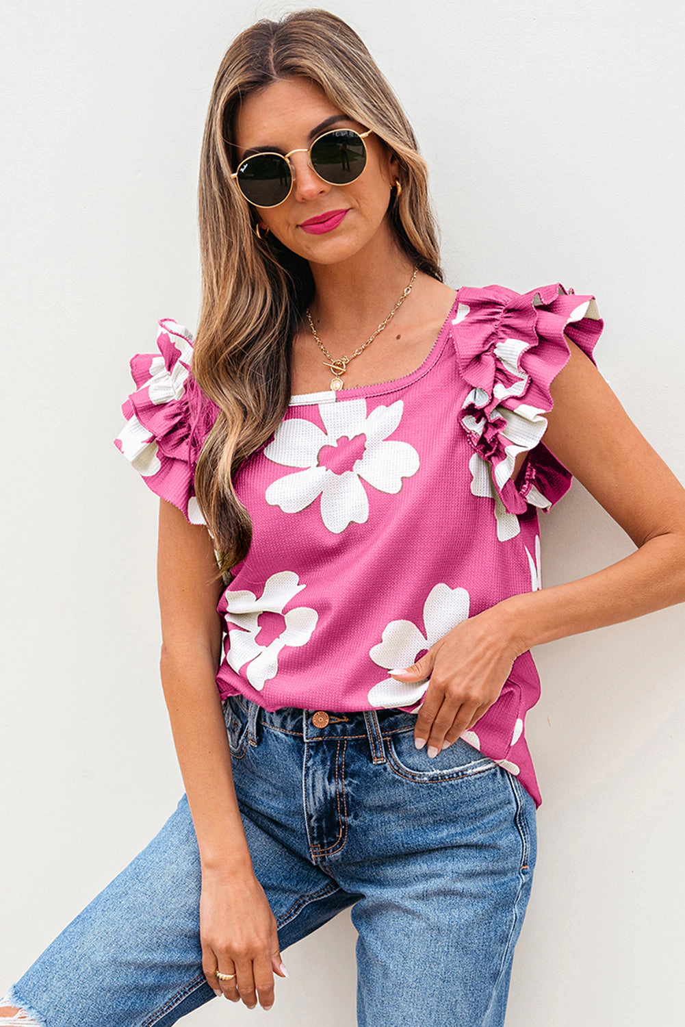 Threaded Pear Women's Mazie Floral Ruffled Short Sleeve Blouse