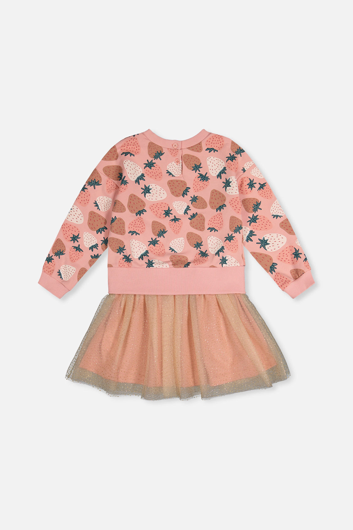 Deux par Girls Strawberry Print Sparkle Mesh Bi-Material Dress