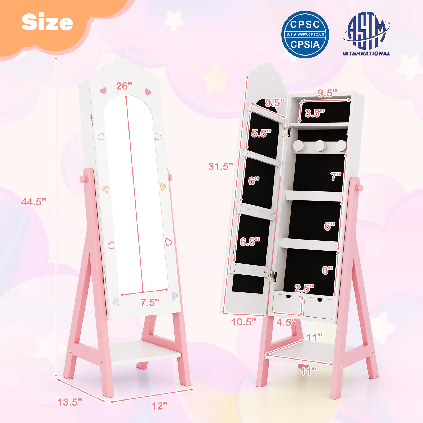 SUGIFT 2-Piece Kids Vanity Set with Tri-Fold Mirror Stool and Standing Jewelry Armoire Full-Length Mirror